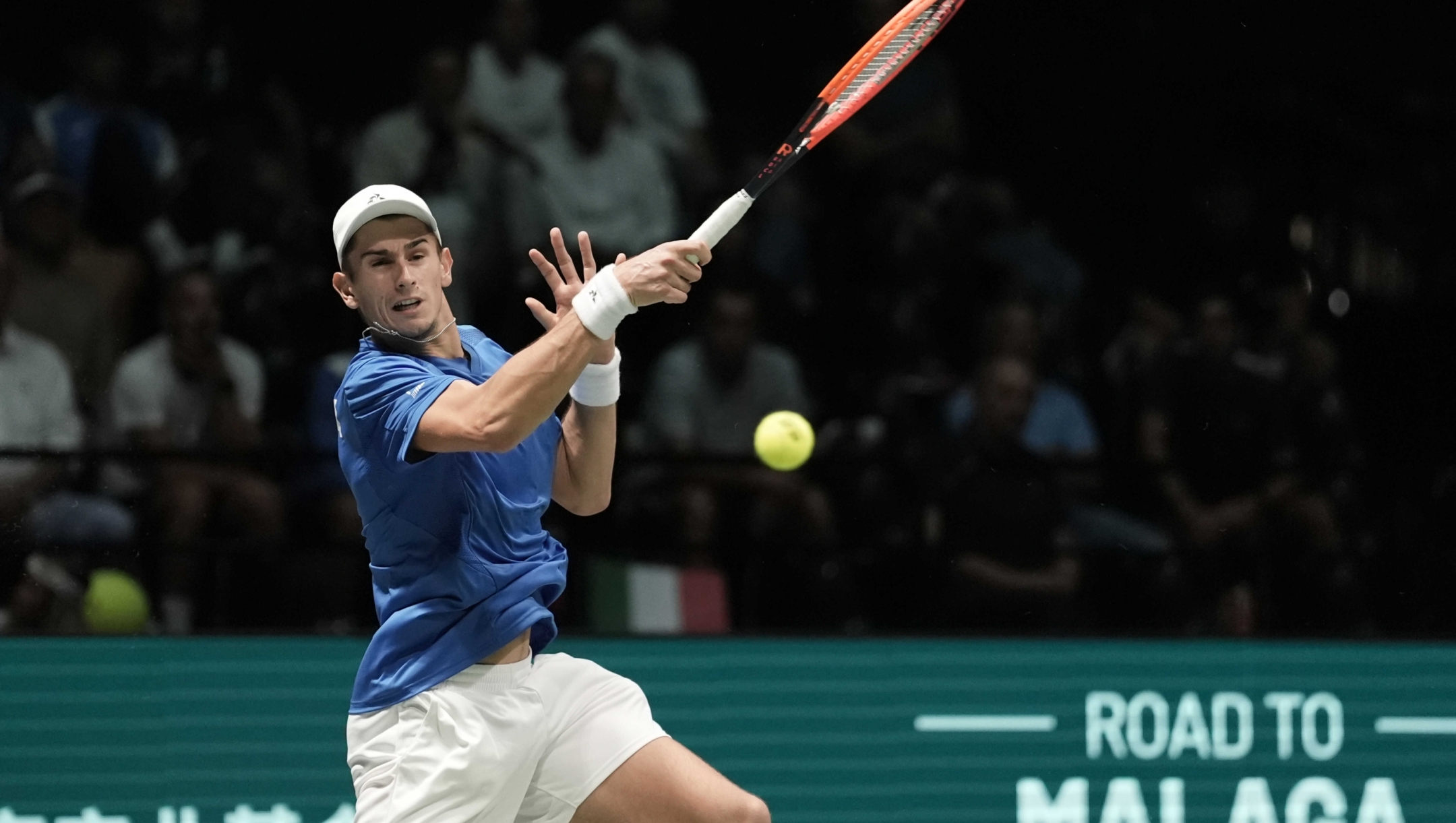 Matteo Arnaldi in action during 2024 Davis Cup Finals Group A match between Matteo Arnaldi (ITA) and Thiago Monteiro (BRA) at the Unipol Arena, Bologna, Italy -  September 11,  2024. Sport - Tennis. (Photo by Massimo Paolone/LaPresse)