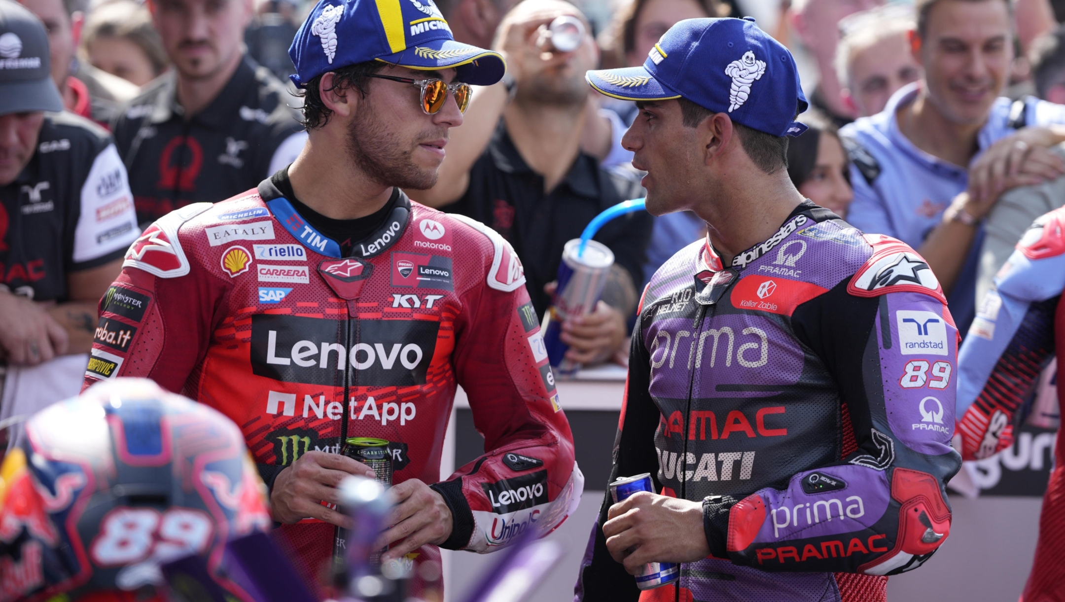 Enea Bastianini of Italy and Ducati Lenovo Team talks with Jorge Martin of Spain and Prima Pramac Racing  at the end of  the race of the Pramac MotoGP of Emilia Romagna at Marco Simoncelli Circuit on September 22 2024 in Misano Adriatico, Italy. ANSA/DANILO DI GIOVANNI