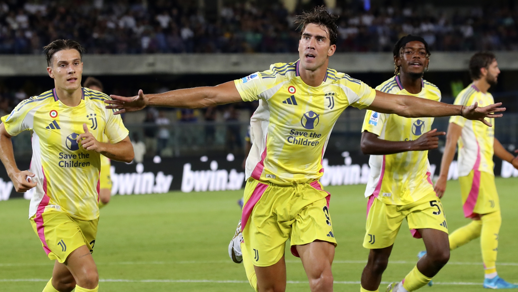 Dusan Vlahovic (9 Juventus FC) celebration goal penalty 0-3) in action  during the  Serie A enilive soccer match between Hellas Verona  and Juventus at the Marcantonio Bentegodi Stadium, north Est Italy - Monday, August  26, 2024. Sport - Soccer (Photo by Paola Garbuio /Lapresse)