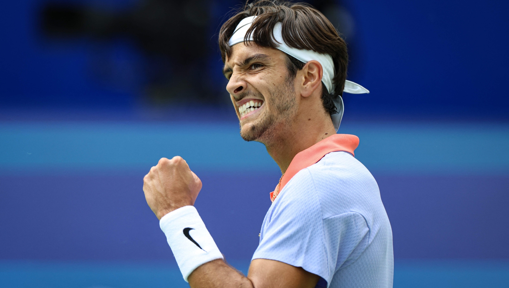 Italy's Lorenzo Musetti reacts during his men's singles quarter-final match against France's Adrian Mannarino at the Chengdu Open tennis tournament in Chengdu, in southwestern China's Sichuan province on September 22, 2024. (Photo by AFP) / China OUT