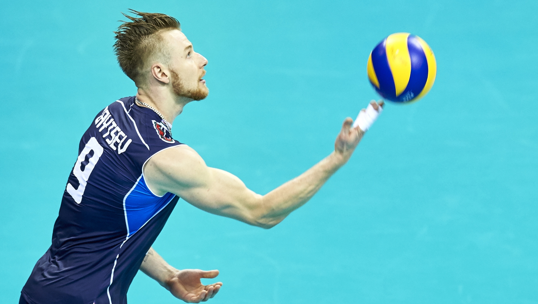 KRAKOW, POLAND - JULY 16: Ivan Zaytsev from Italy serves the ball while the FIVB World League volleyball match between Serbia and Italy at Tauron Arena on July 16, 2016 in Krakow, Poland. (Photo by Adam Nurkiewicz/Getty Images for FIVB)