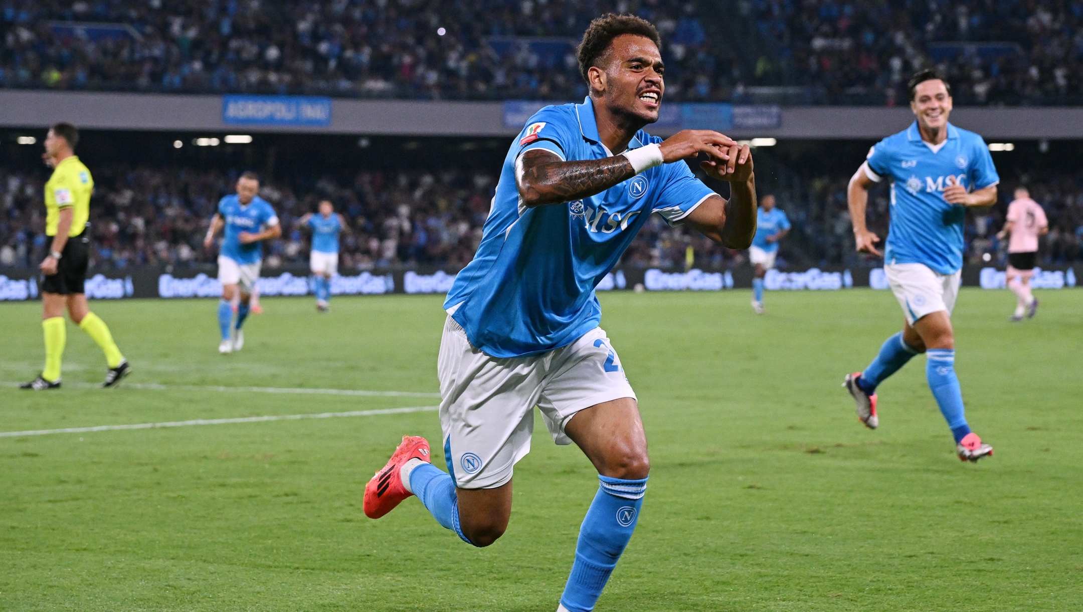 NAPLES, ITALY - SEPTEMBER 26: Cyril Ngonge of SSC Napoli celebrates after scoring his side second goal during the Coppa Italia match between SSC Napoli and Palermo at Stadio Diego Armando Maradona on September 26, 2024 in Naples, Italy. (Photo by Francesco Pecoraro/Getty Images)