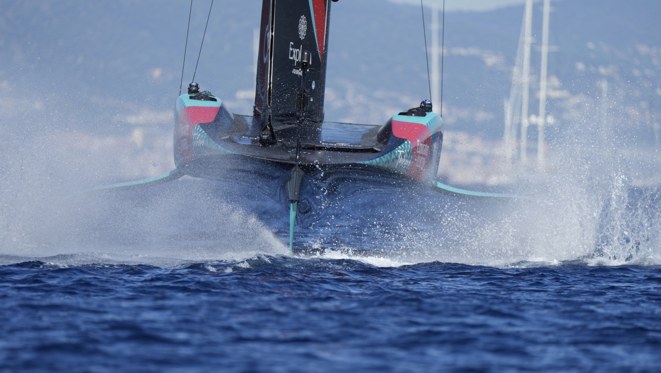 Emirates Team New Zealand races during the Louis Vuitton 37th America's Cup Day 6 race 9 in Barcelona, Spain, Saturday, Oct.19, 2024. (AP Photo/Bernat Armangue)