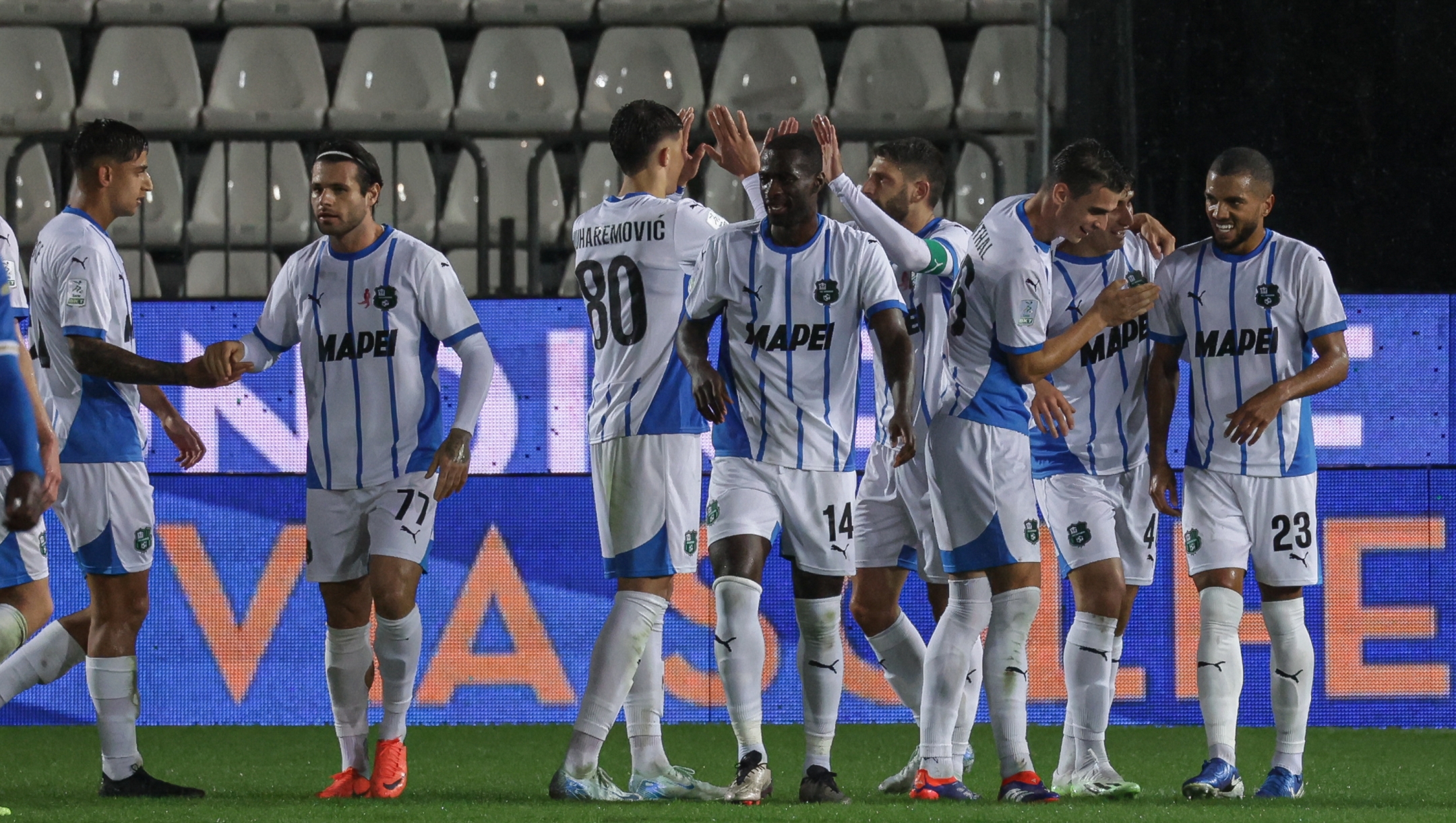 Edoardo Iannoni (U.S. Sassuolo Calcio) celebrates with teammates after scoring goal during the Serie Bkt match between Brescia and Sassuolo at the Mario Rigamonti Stadium, Saturday, Oct. 19, 2024. Sports - Soccer. (Photo by Stefano Nicoli/LaPresse)