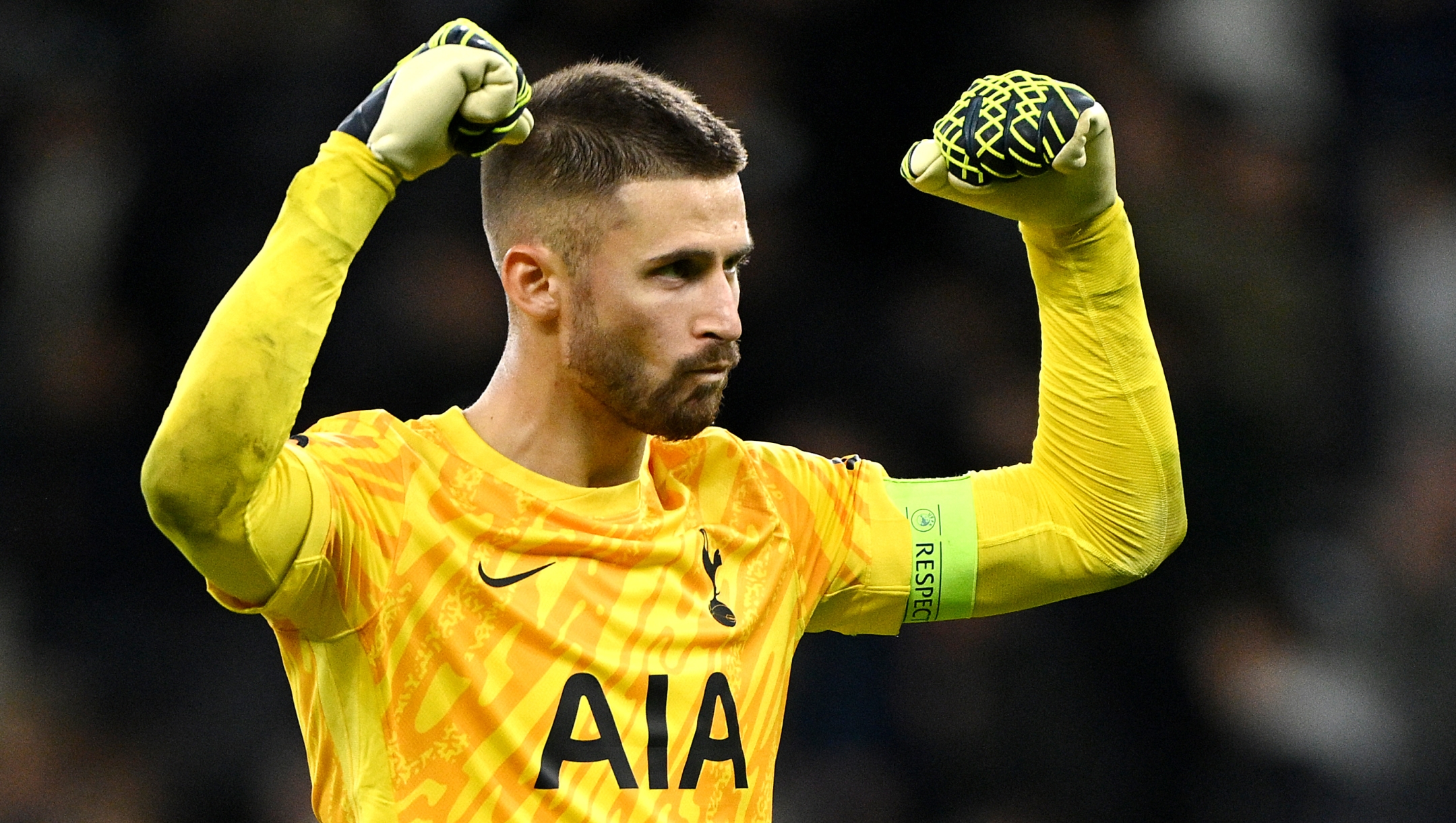  Guglielmo Vicario of Tottenham Hotspur celebrates on the final whistle during the UEFA Europa League 2024/25 League Phase MD1 match between Tottenham Hotspur and Qarabag FK at Tottenham Hotspur Stadium on September 26, 2024 in London, England. (Photo by Mike Hewitt/Getty Images)