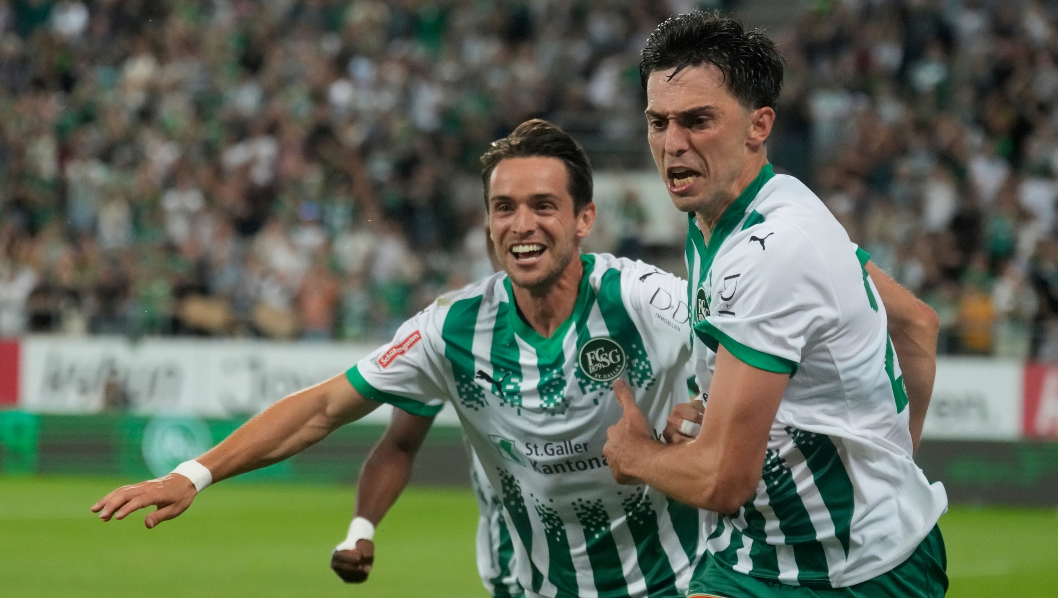 ST GALLEN, SWITZERLAND - JULY 25: Albert Vallci of Saint Gallen celebrates a goal with teammate Jordi Quintilla of Saint Gallen during the UEFA Conference League second qualifying round first leg match between St. Gallen and Tobol on July 25, 2024 in St Gallen, Switzerland. (Photo by Carsten Harz/Getty Images)