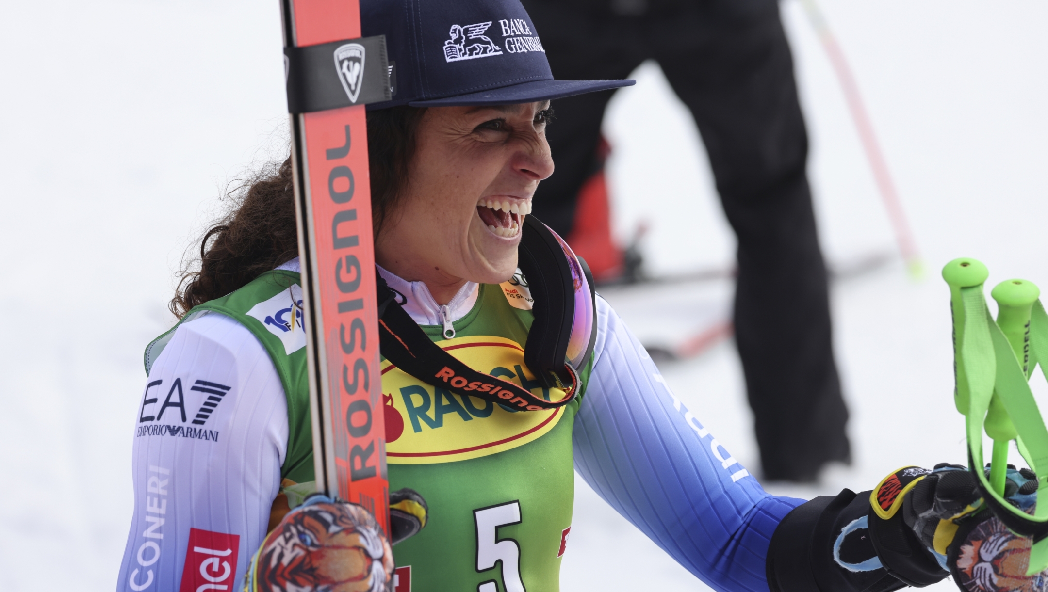 Italy's Federica Brignone celebrates winning an alpine ski, women's World Cup giant slalom, in Soelden, Austria, Saturday, Oct. 26, 2024. (AP Photo/Marco Trovati)