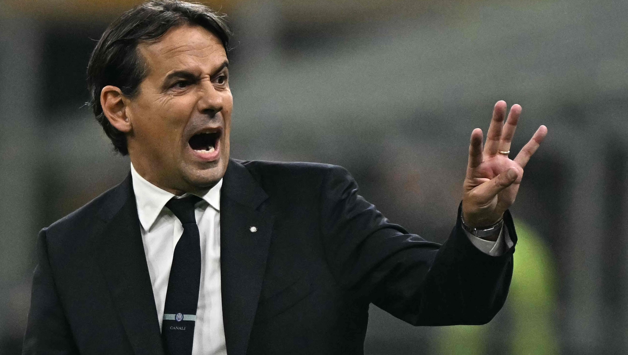 Inter Milan's Italian coach Simone Inzaghi reacts during the Italian Serie A football match between Inter Milan and Juventus at San Siro stadium in Milan, on October 27, 2024. (Photo by Gabriel BOUYS / AFP)