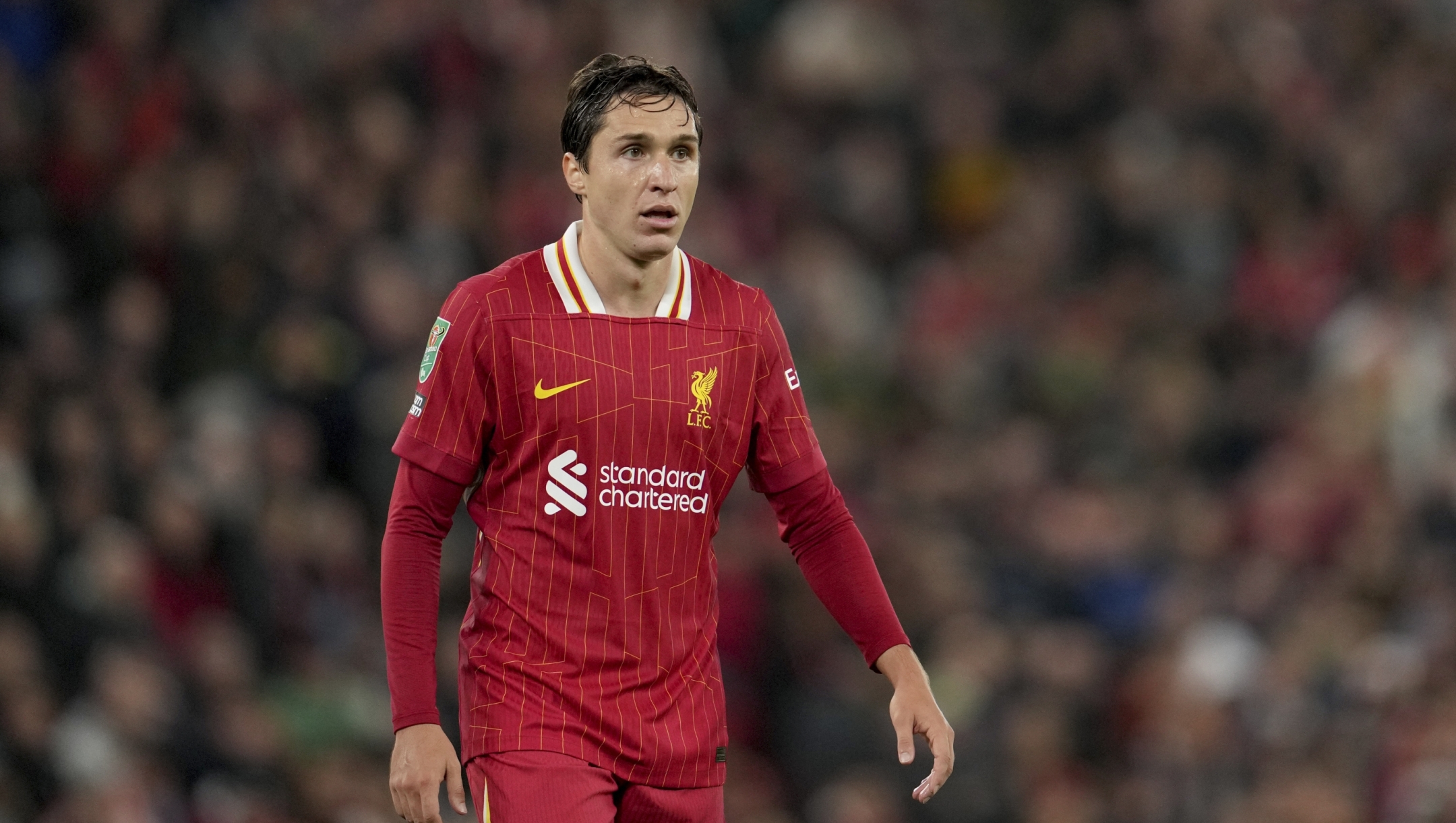 Liverpool's Federico Chiesa looks on during the English League Cup soccer match between Liverpool and West Ham United at Anfield Stadium, Liverpool, England, Wednesday, Sept. 25, 2024. (AP Photo/Jon Super)