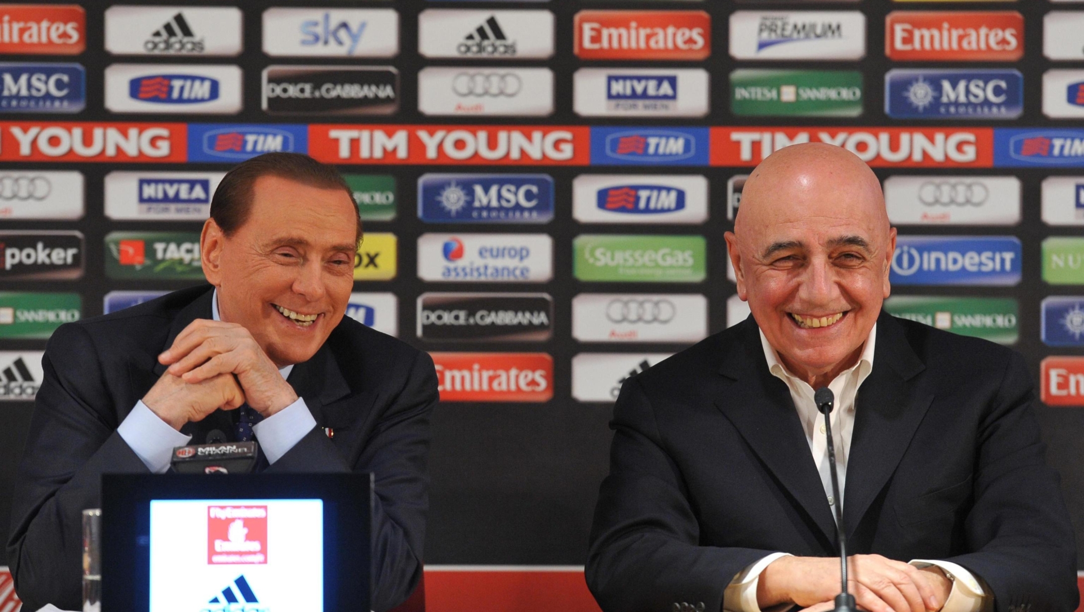 AC Milan President Silvio Berlusconi (L) with Ceo Adriano Galliani during the press conference at the Milanello sportive center in Carnago, Italy, 23 February 2013.
ANSA/LIVIO ANTICOLI