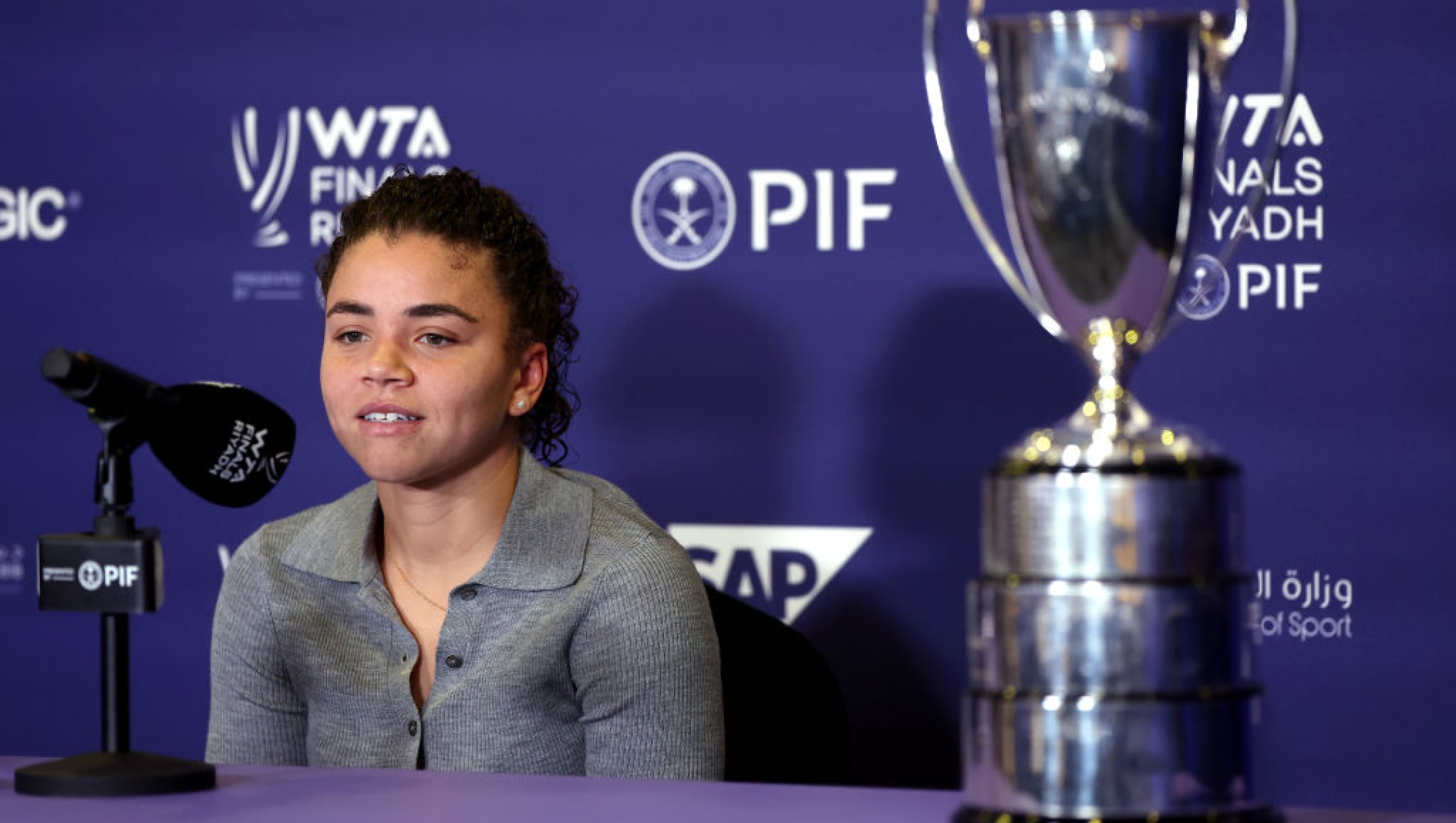 RIYADH, SAUDI ARABIA - NOVEMBER 01: Jasmine Paolini of Italy speaks with media at King Saud University Indoor Arena ahead of WTA Finals Riyadh as part of the Hologic WTA Tour 2024 on November 01, 2024 in Riyadh, Saudi Arabia. (Photo by Matthew Stockman/Getty Images for WTA)