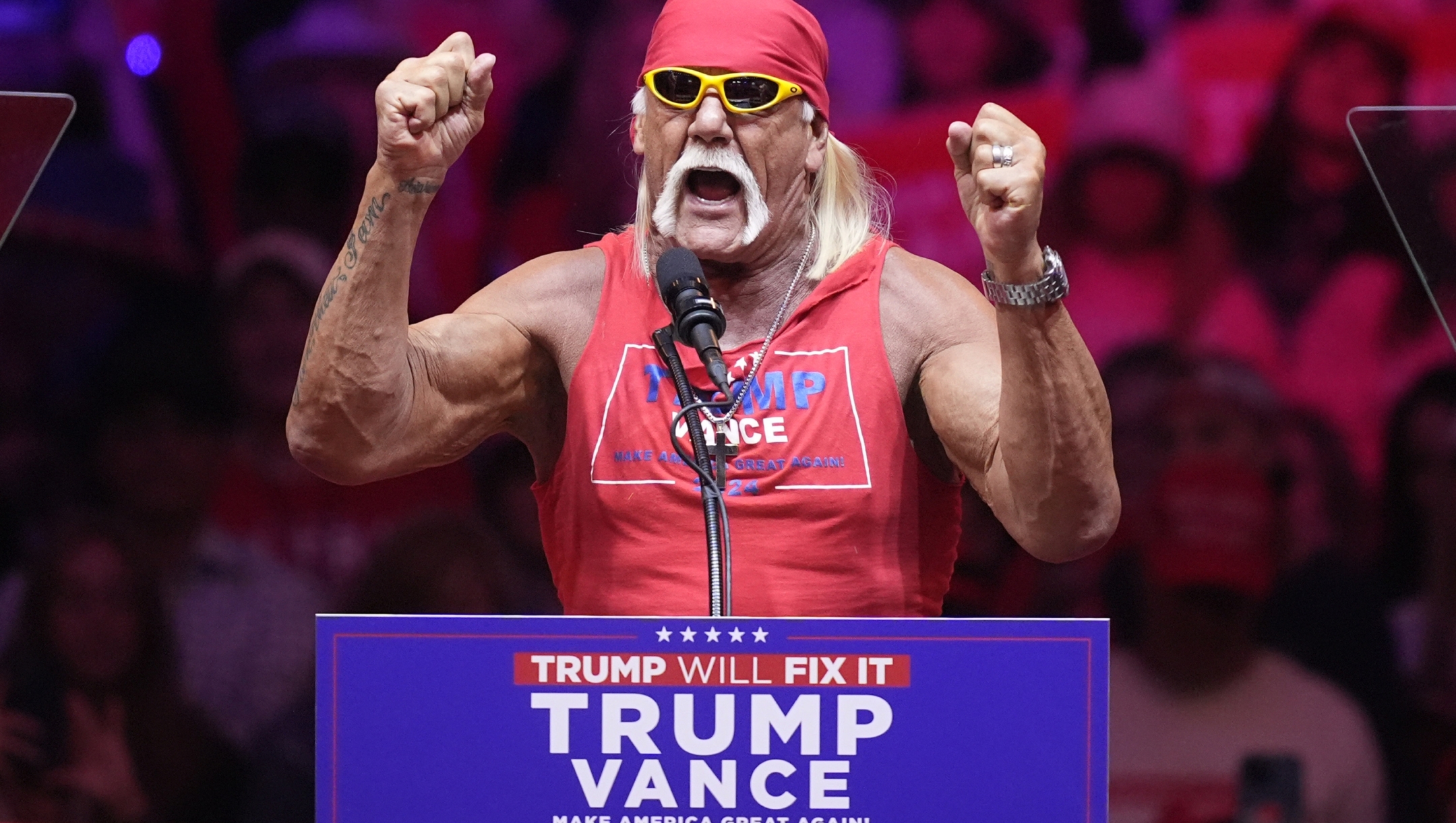 Hulk Hogan speaks before Republican presidential nominee former President Donald Trump at a campaign rally at Madison Square Garden, Sunday, Oct. 27, 2024, in New York. (AP Photo/Evan Vucci)