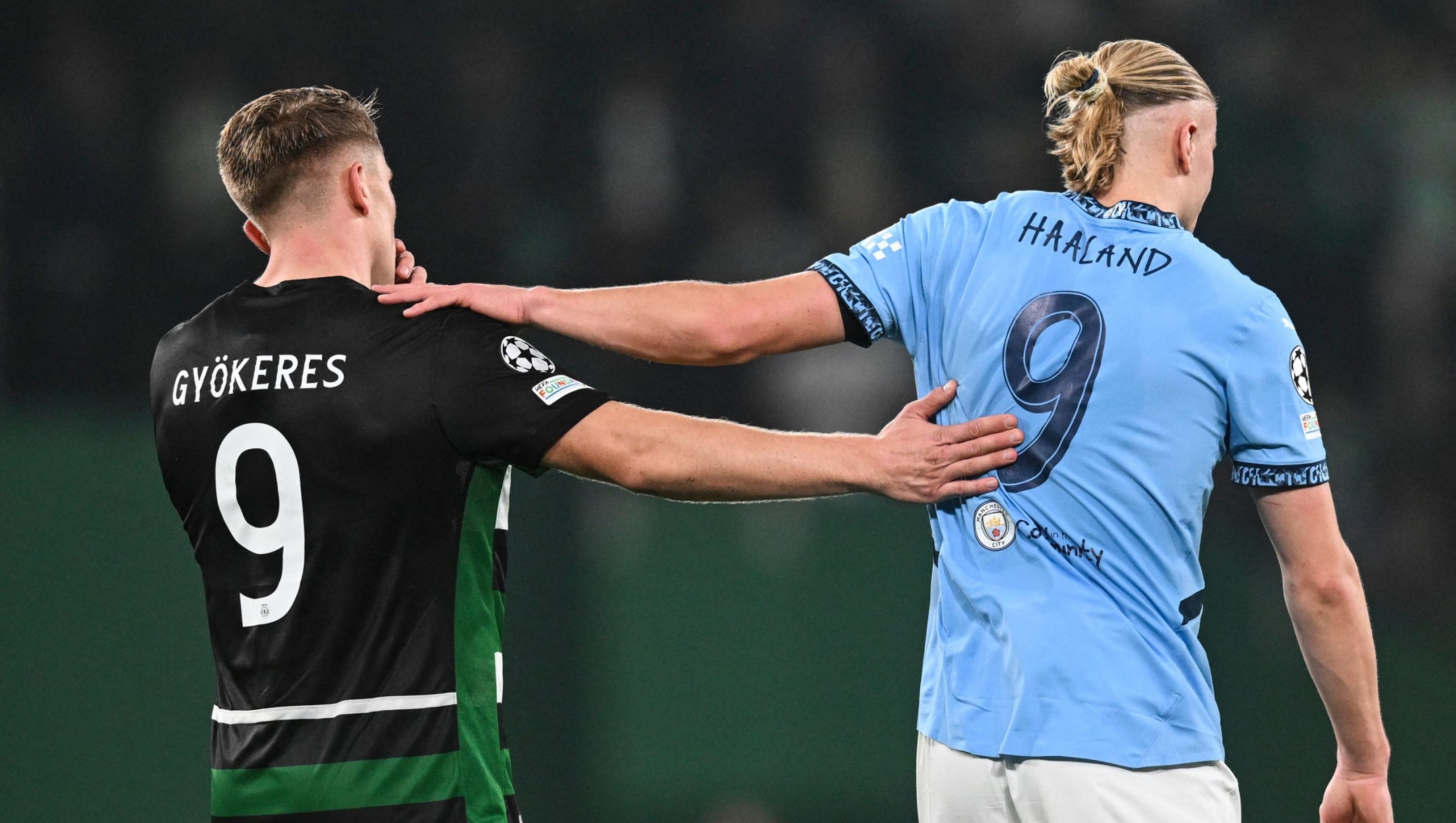 Sporting Lisbon's Swedish forward #09 Viktor Gyokeres greets Manchester City's Norwegian striker #09 Erling Haaland at the end of the UEFA Champions League, league phase day 4 football match between Sporting Lisbon and Manchester City at the Jose Alvalade stadium in Lisbon on November 5, 2024. (Photo by PATRICIA DE MELO MOREIRA / AFP)