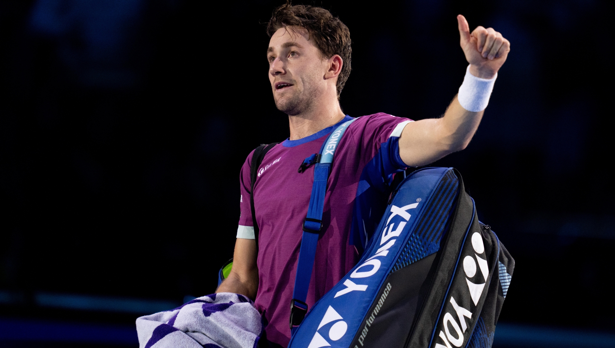 Norway's Casper Ruud  react after the singles tennis match of the ATP World Tour Finals against Germany's Alexander Zverev at the Inalpi Arena in Turin, Italy - Sport - Wednesday, November 13, 2024. (Photo by Marco Alpozzi/Lapresse)