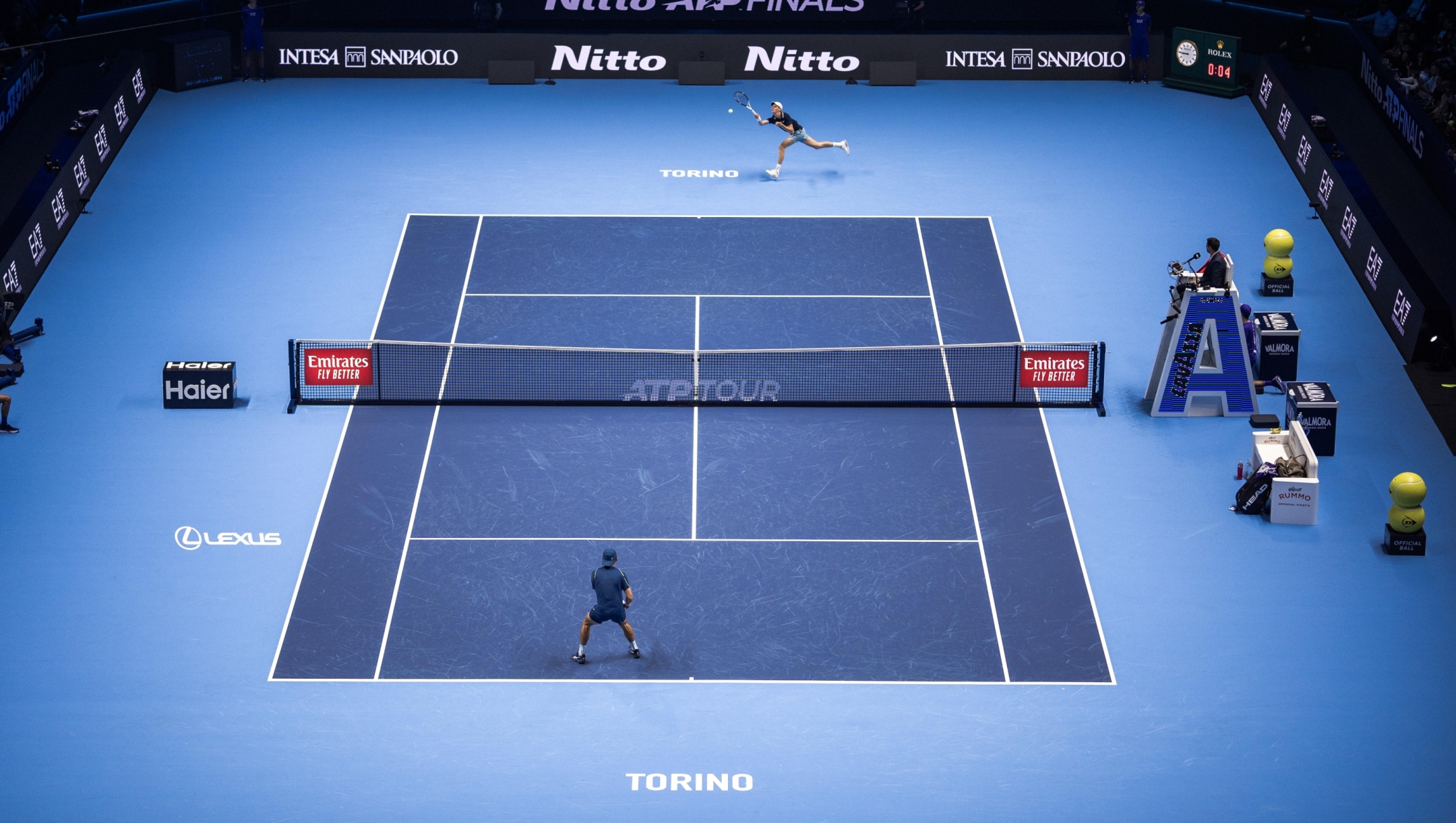 Australia?s Alex de Minaur returns the ball to  Italy's Jannik Sinner during their singles tennis match of the ATP World Tour Finals at the Pala Alpitour, in Turin, Italy - Sport - Sunday, November 10, 2024. (Photo by Marco Alpozzi/Lapresse)