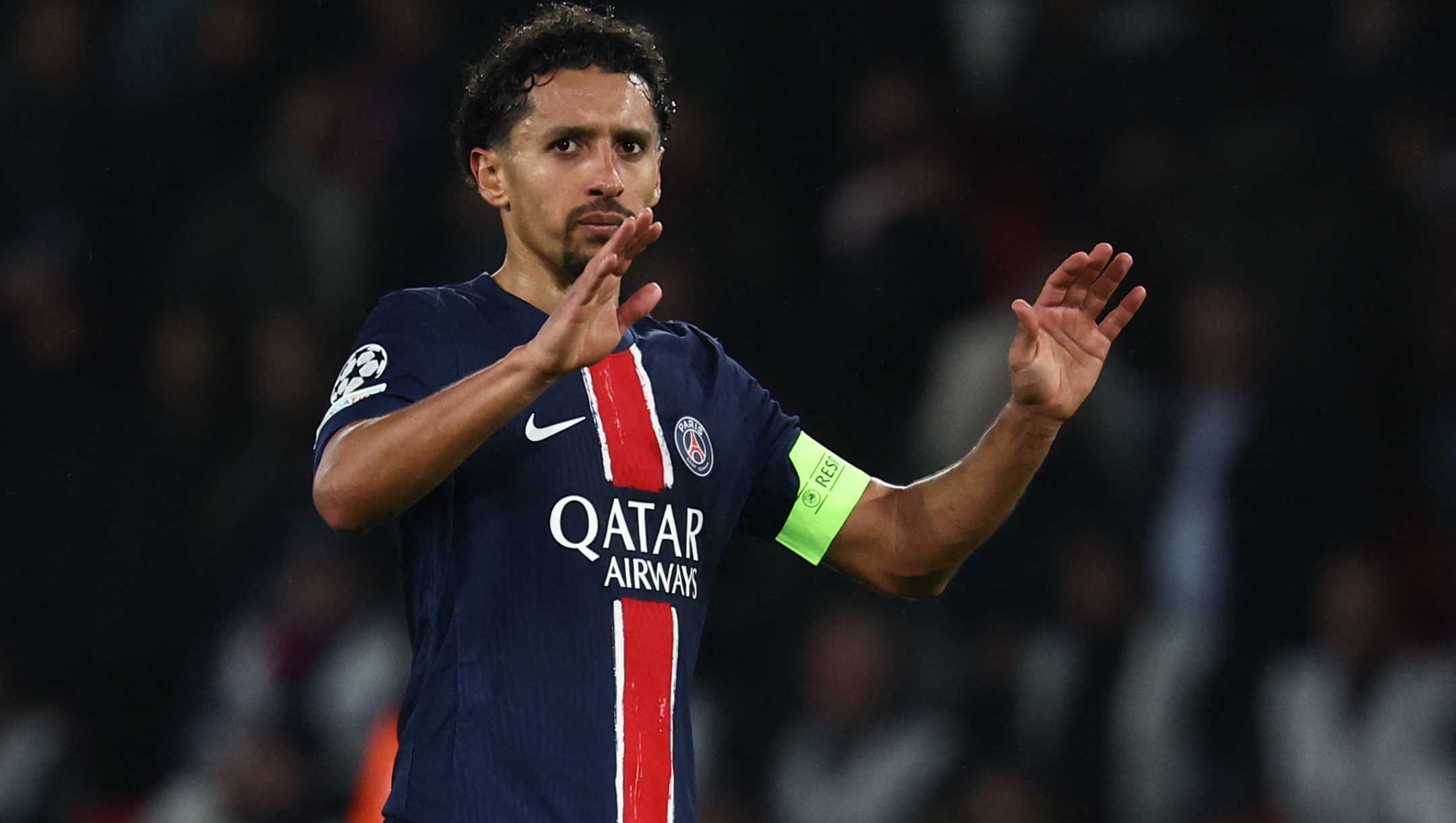 Paris Saint-Germain's Brazilian defender #05 Marquinhos reacts after loosing the UEFA Champions League, League phase - Matchday 4, football match between Paris Saint-Germain (PSG) and Atletico Madrid, at the Parc des Princes stadium in Paris on November 6, 2024. (Photo by Anne-Christine POUJOULAT / AFP)