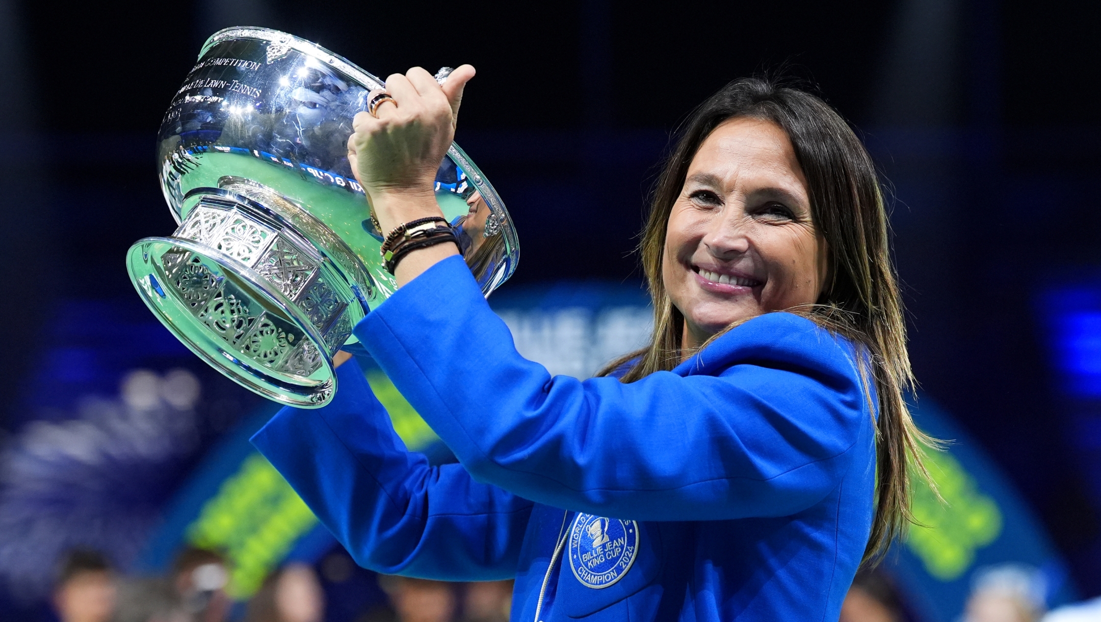 CORRECTED VERSION: MALAGA, SPAIN - NOVEMBER 20: Italy Team Captain Tathiana Garbin lifts the Billie Jean King Cup trophy during the trophy presentation after winning the Billie Jean King Cup Finals at Palacio de Deportes Jose Maria Martin Carpena on November 20, 2024 in Malaga, Spain. (Photo by Angel Martinez/Getty Images for ITF)