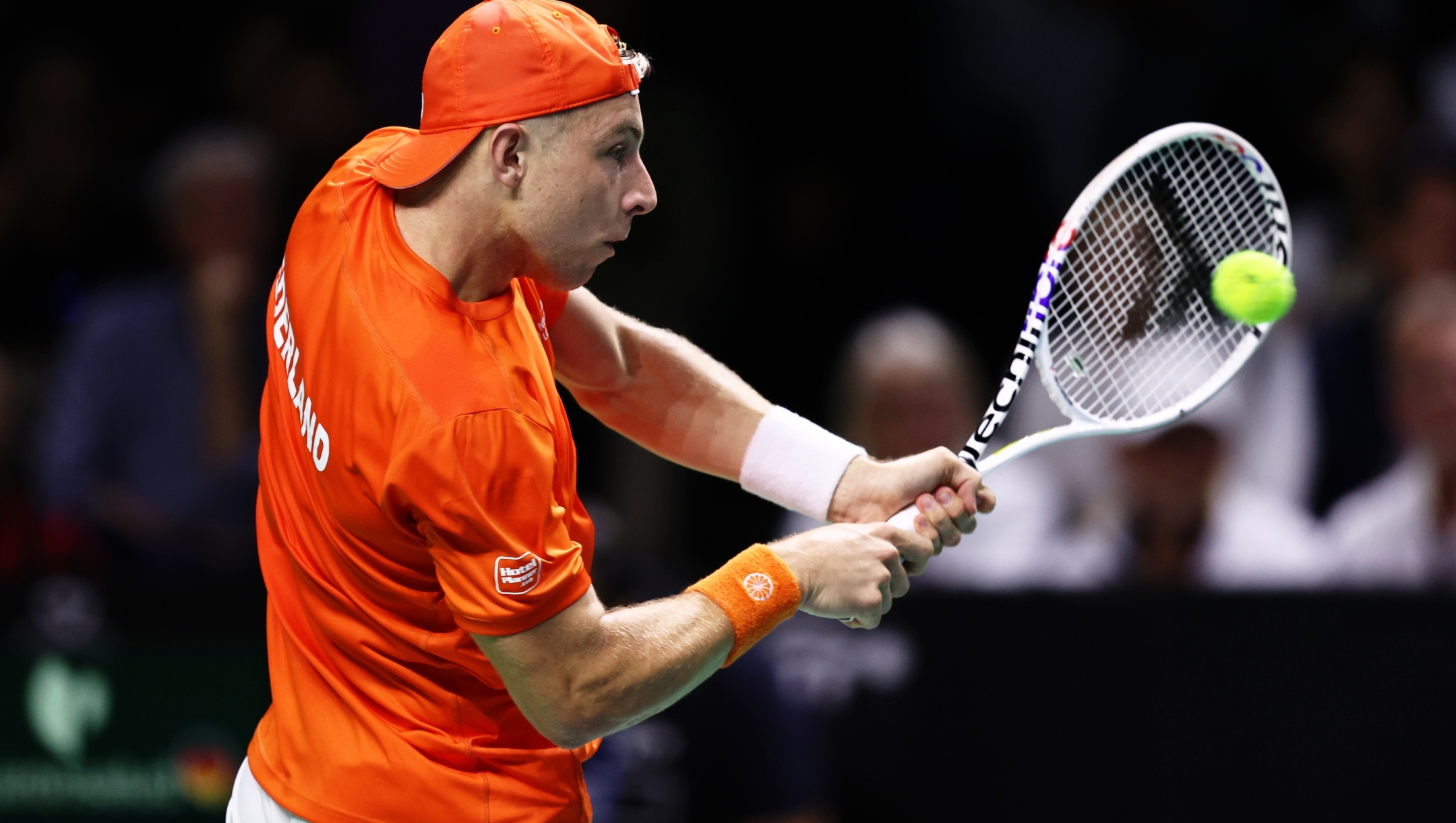 MALAGA, SPAIN - NOVEMBER 22: Tallon Griekspoor of Team Netherlands plays a backhand during the Davis Cup Semi-Final between Germany and Netherlands at Palacio de Deportes Jose Maria Martin Carpena on November 22, 2024 in Malaga, Spain. (Photo by Matt McNulty/Getty Images for ITF)