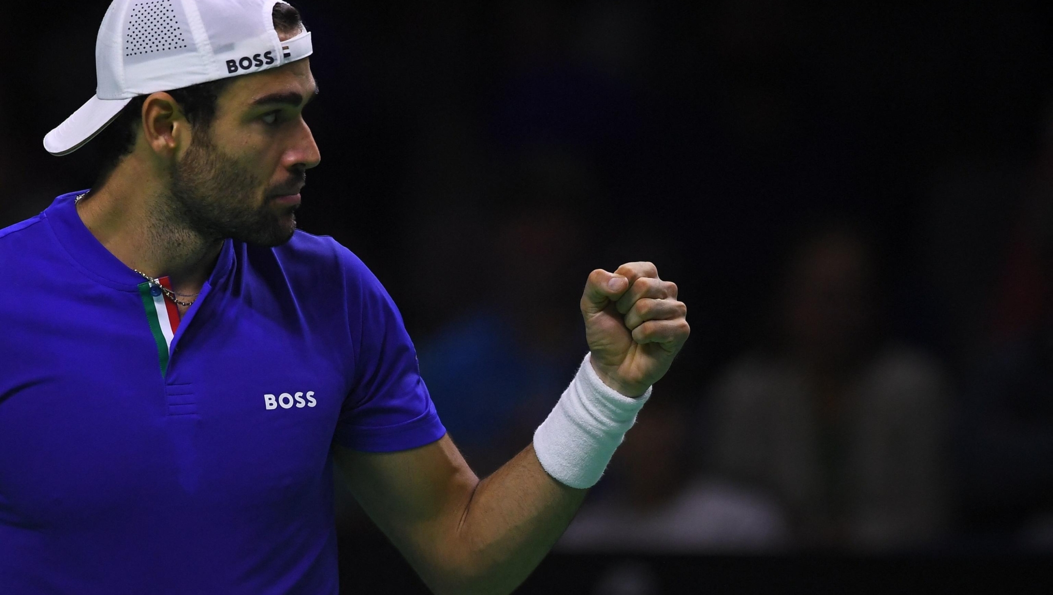 Italy's Matteo Berrettini reacts during their final singles match between Italy and Netherlands at the Davis Cup Finals at the Palacio de Deportes Jose Maria Martin Carpena arena in Malaga, southern Spain, on November 24, 2024. (Photo by JORGE GUERRERO / AFP)