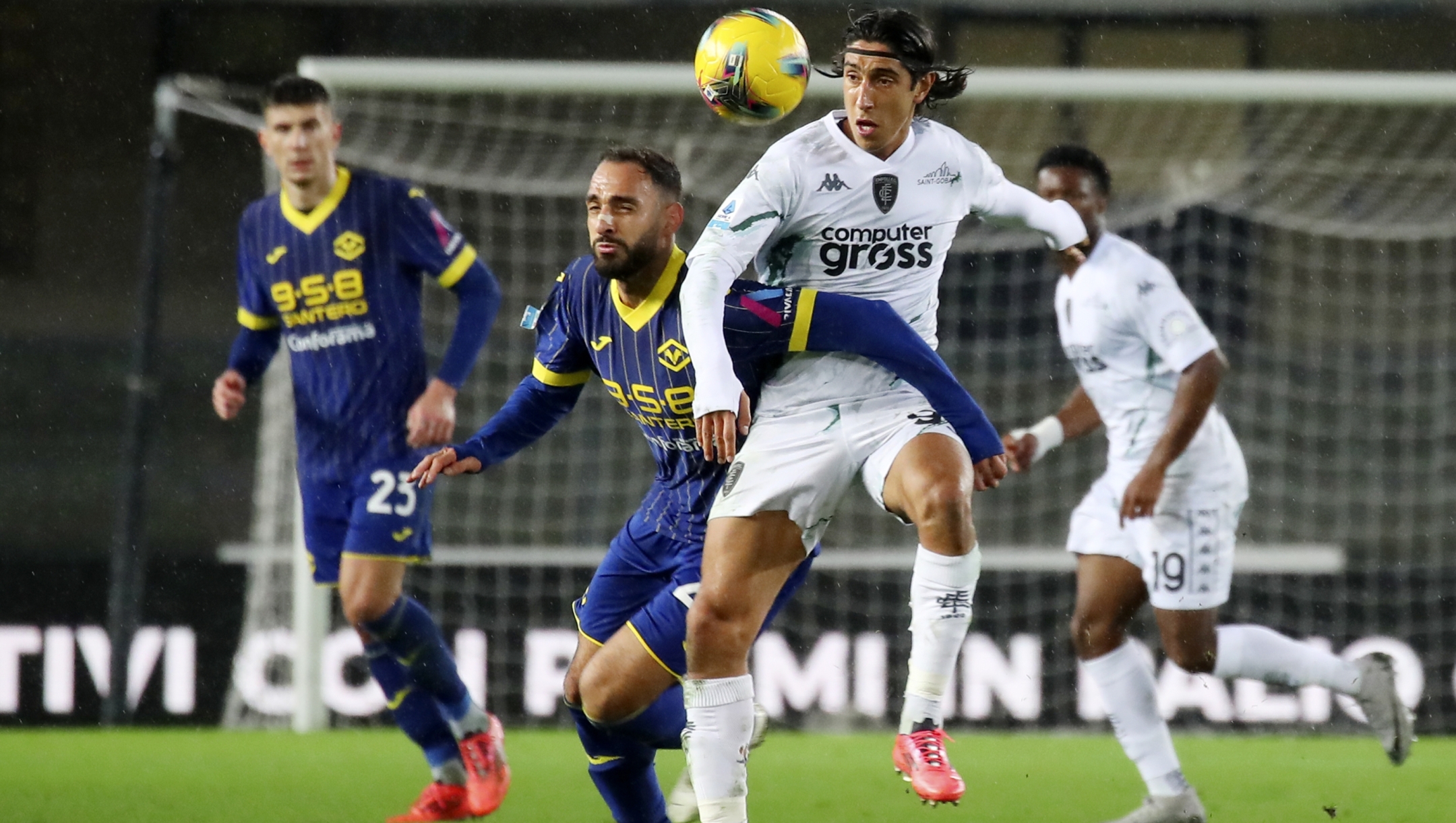 Empoli’s Youssef MalehVerona’s Grigoris Kastanos  during the  Serie A soccer match between Hellas Verona  and Empoli  at the Marcantonio Bentegodi Stadium, north Est Italy - Sunday December 08, 2024. Sport - Soccer (Photo by Paola Garbuioi/Lapresse)