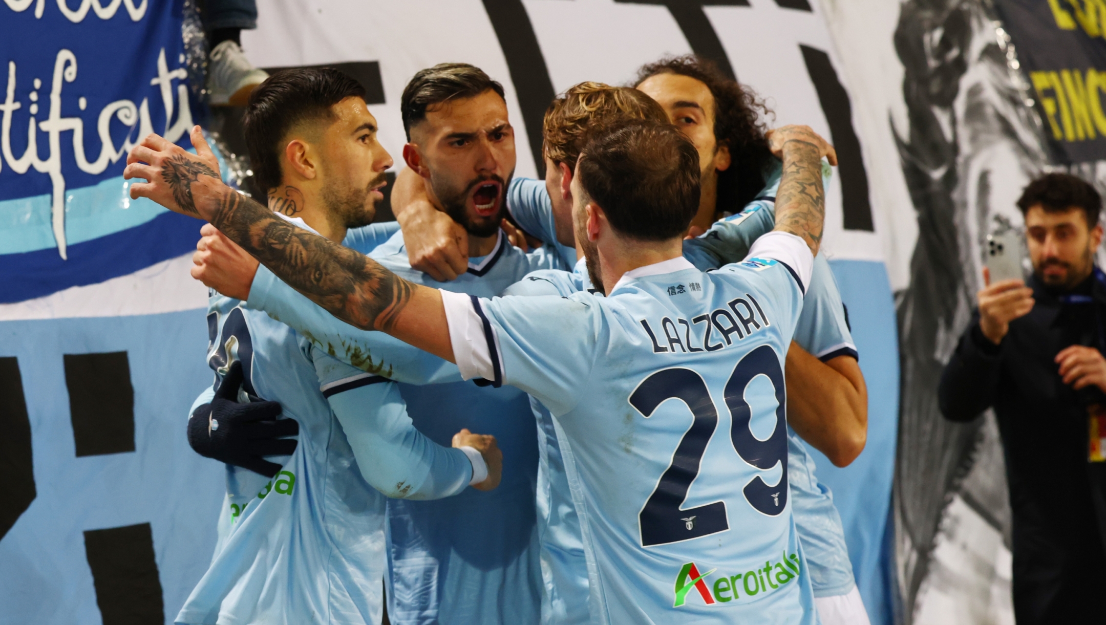 LECCE, ITALY - DECEMBER 21: Taty Castellanos celebrates after scoring his team's opening goal goal during the Serie A match between Lecce and SS Lazio at Stadio Via del Mare on December 21, 2024 in Lecce, Italy. (Photo by Maurizio Lagana/Getty Images)