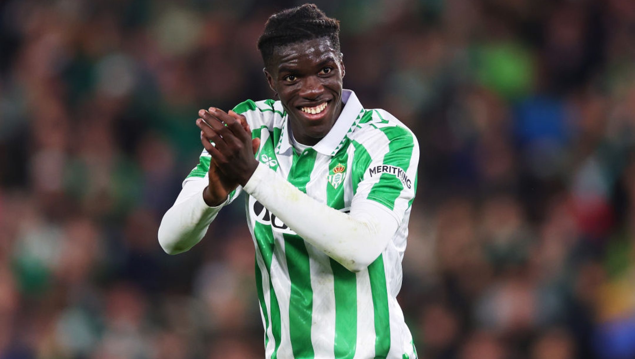 SEVILLE, SPAIN - DECEMBER 19: Assane Diao of Real Betis reacts during the UEFA Conference League 2024/25 League Phase MD6 match between Real Betis Balompie and HJK Helsinki at Estadio Benito Villamarin on December 19, 2024 in Seville, Spain. (Photo by Fran Santiago/Getty Images)