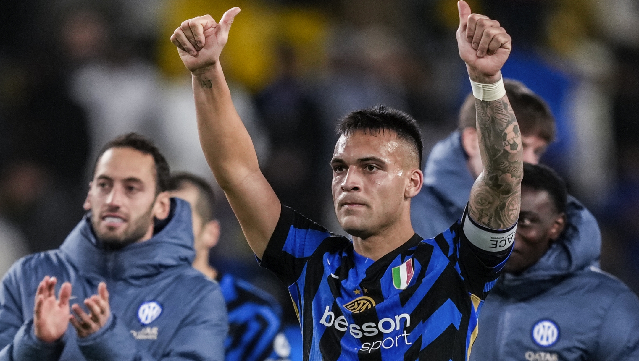 Inter Milan's Lautaro Martinez gestures after the Italian Super Cup semifinal soccer match between Inter Milan and Atlanta at Al Awwal Park stadium in Riyadh, Saudi Arabia, Thursday, Jan. 2, 2025. (AP Photo/Altaf Qadri)