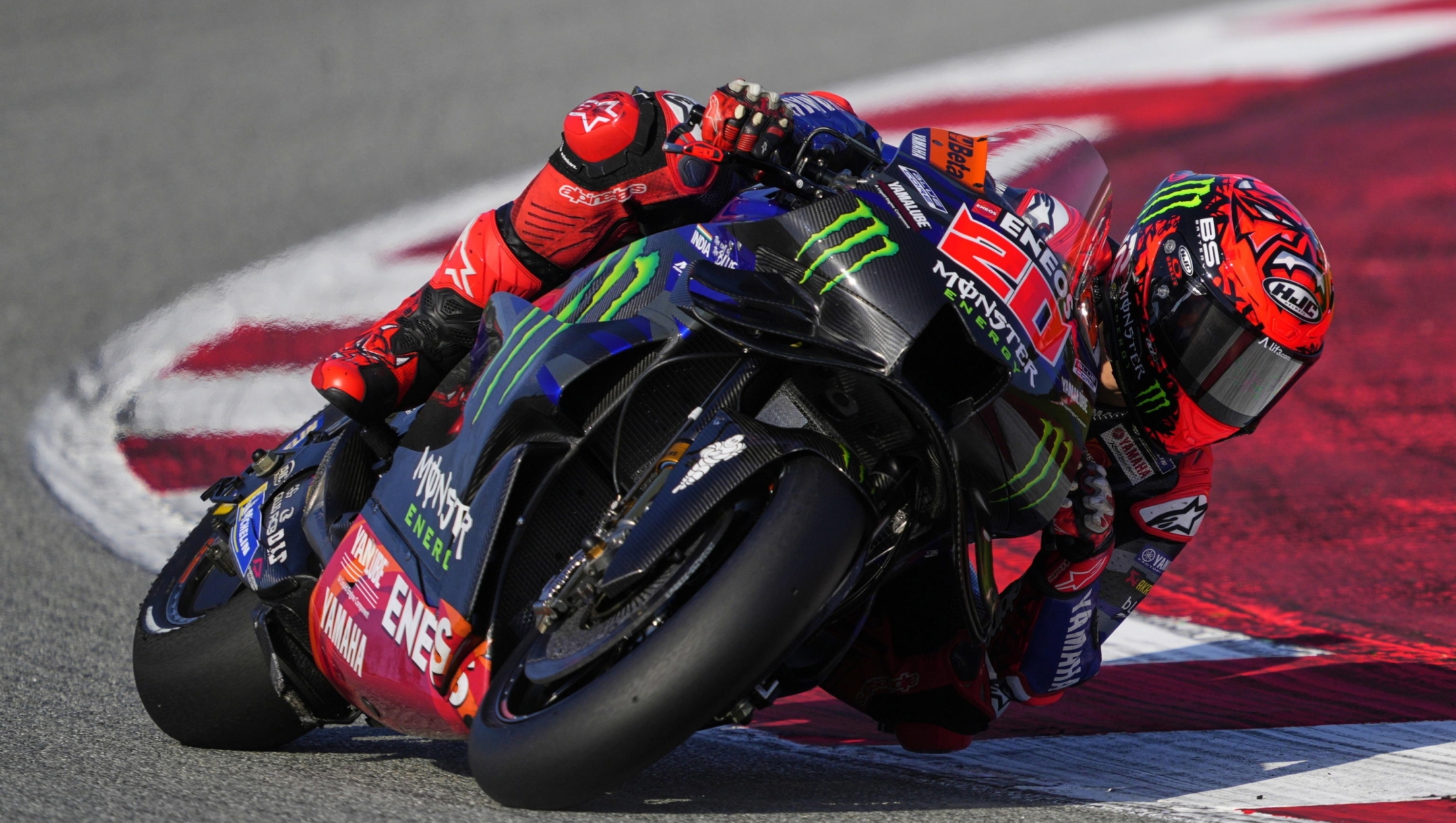 epa11729109 French MotoGP rider Fabio Quartararo of Monster Energy Yamaha team in action during the training session of the Official Barcelona Test for the 2025 season, at Montmelo racetrack in Barcelona, Spain, 19 November 2024.  EPA/Alejandro Garcia