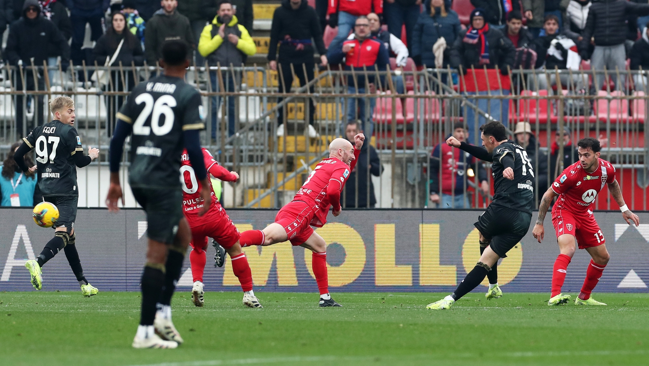 MONZA, ITALY - JANUARY 05: Nadir Zortea of Cagliari scores his team's first goal during the Serie A match between Monza and Cagliari at U-Power Stadium on January 05, 2025 in Monza, Italy. (Photo by Marco Luzzani/Getty Images)