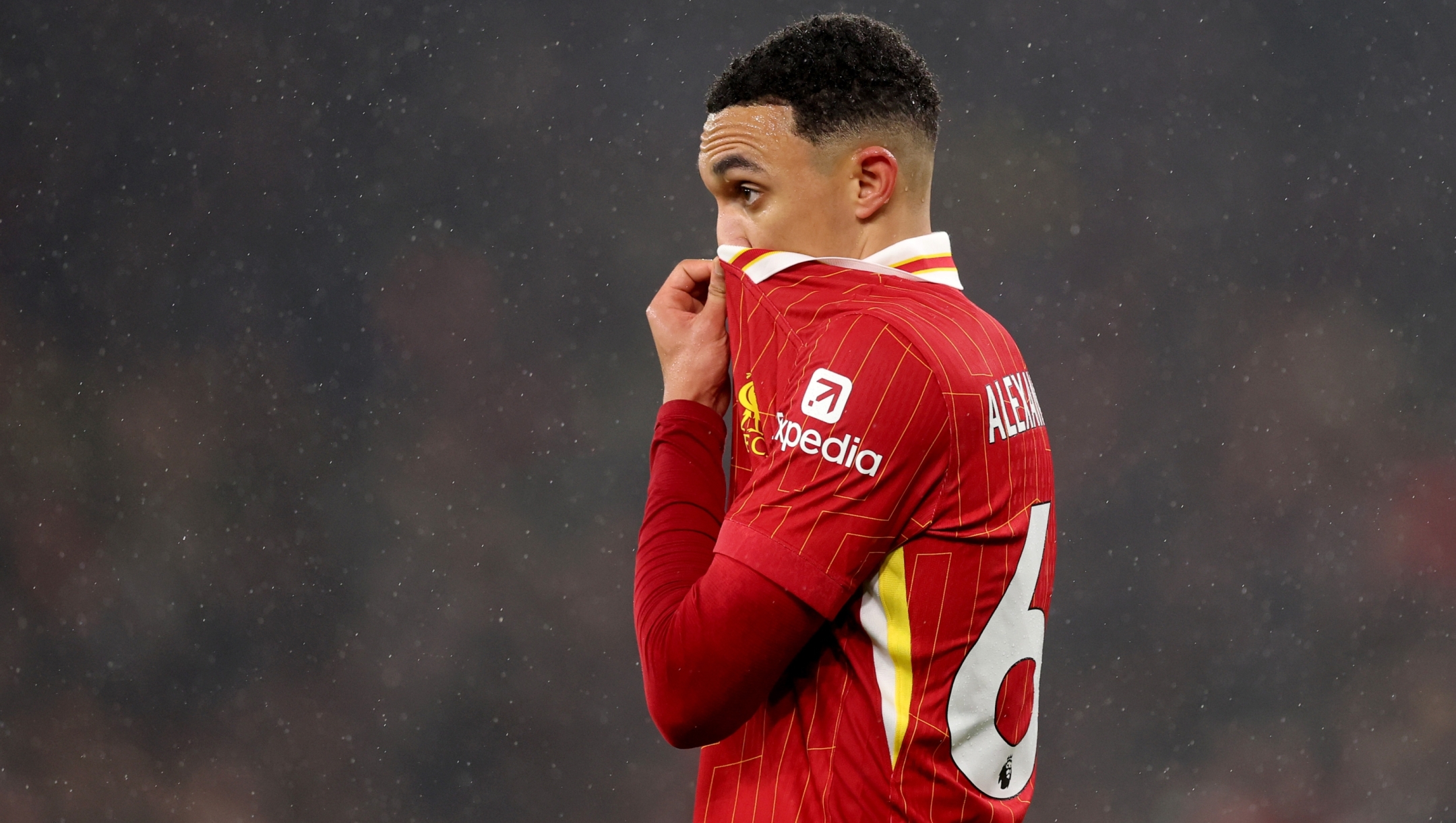 LIVERPOOL, ENGLAND - JANUARY 05:  Trent Alexander-Arnold of Liverpool reacts during the Premier League match between Liverpool FC and Manchester United FC at Anfield on January 05, 2025 in Liverpool, England. (Photo by Carl Recine/Getty Images)