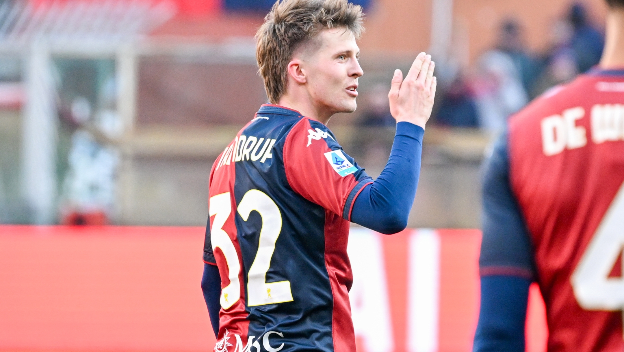 Genoa?s Morten Frendrup celebrates after scoring the 1-0 goal for his team during the Serie A soccer match between Genoa and Parma at the Luigi Ferraris Stadium in Genoa, Italy - Saturday, January 12, 2025. Sport - Soccer . (Photo by Tano Pecoraro/Lapresse)