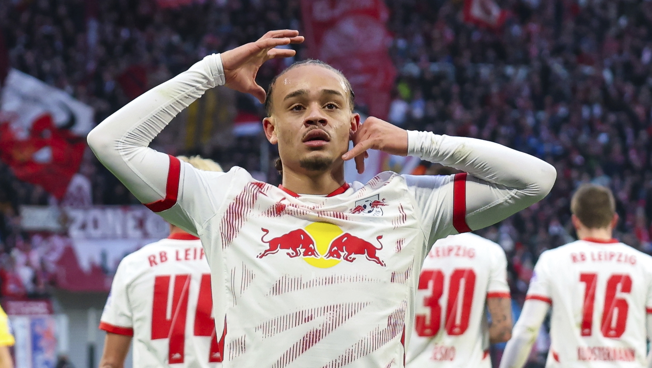 Leipzig\'s Xavi Simons celebrates after scoring a goal, during the German Bundesliga soccer match between RB Leipzig and SV Werder Bremen, in Leipzig, Germany, Sunday, Jan. 12, 2025.  (Jan Woitas/dpa via AP)