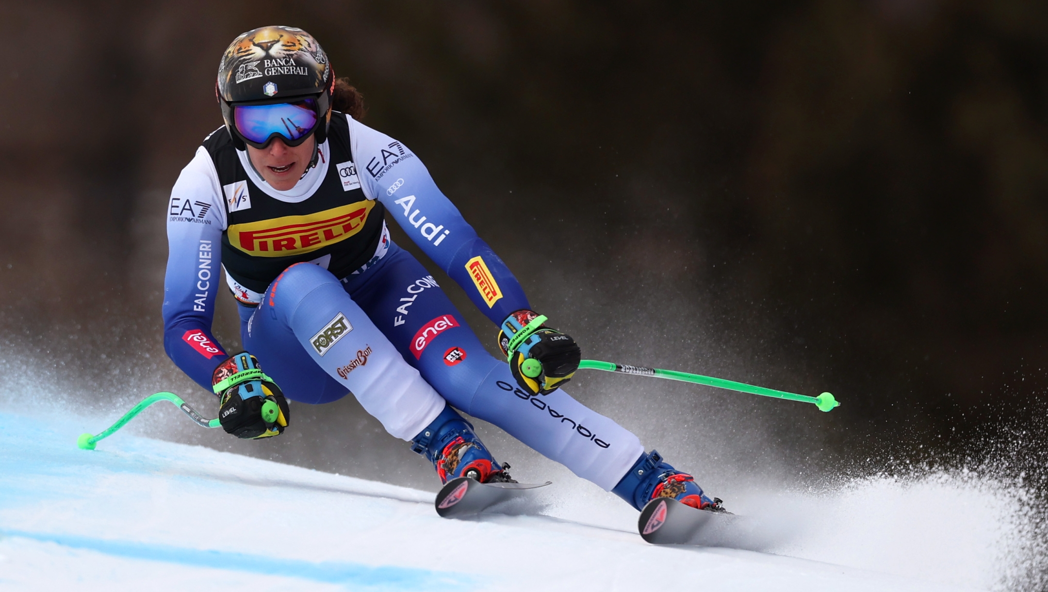 CORTINA D'AMPEZZO, ITALY - JANUARY 19: Federica Brignone of Italy skis on her way to 1st place during the Audi FIS Alpine Ski World Cup Women's Super G at the Olympia delle Tofane ski run on January 19, 2025 in Cortina d'Ampezzo, Italy. (Photo by Julian Finney/Getty Images)