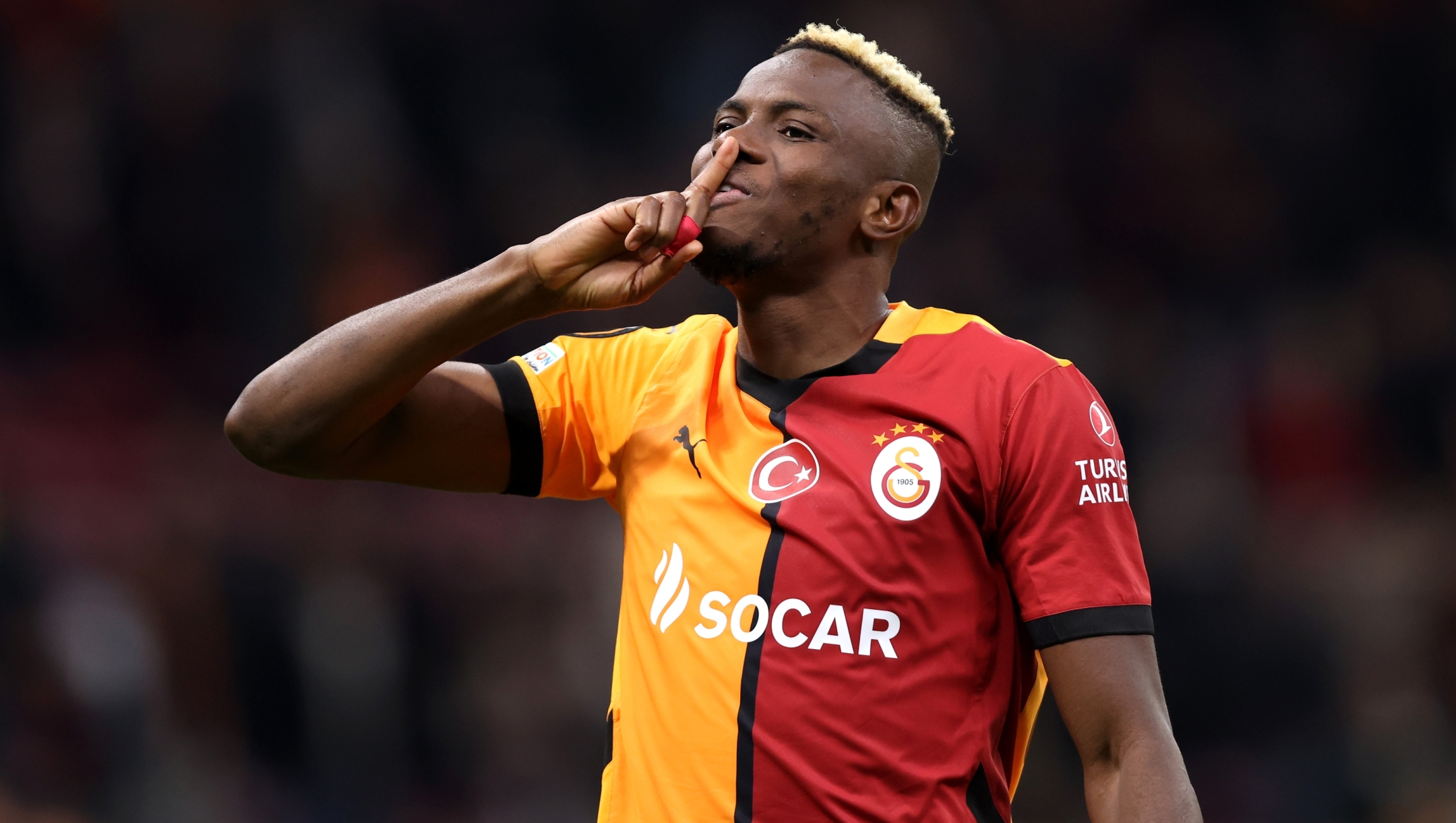 ISTANBUL, TURKEY - NOVEMBER 07: Victor Osimhen of Galatasaray celebrates after the team's victory in the UEFA Europa League 2024/25 League Phase MD4 match between Galatasaray A.S. and Tottenham Hotspur at Ali Sami Yen Spor Kompleksi on November 07, 2024 in Istanbul, Turkey. (Photo by Ahmad Mora/Getty Images)