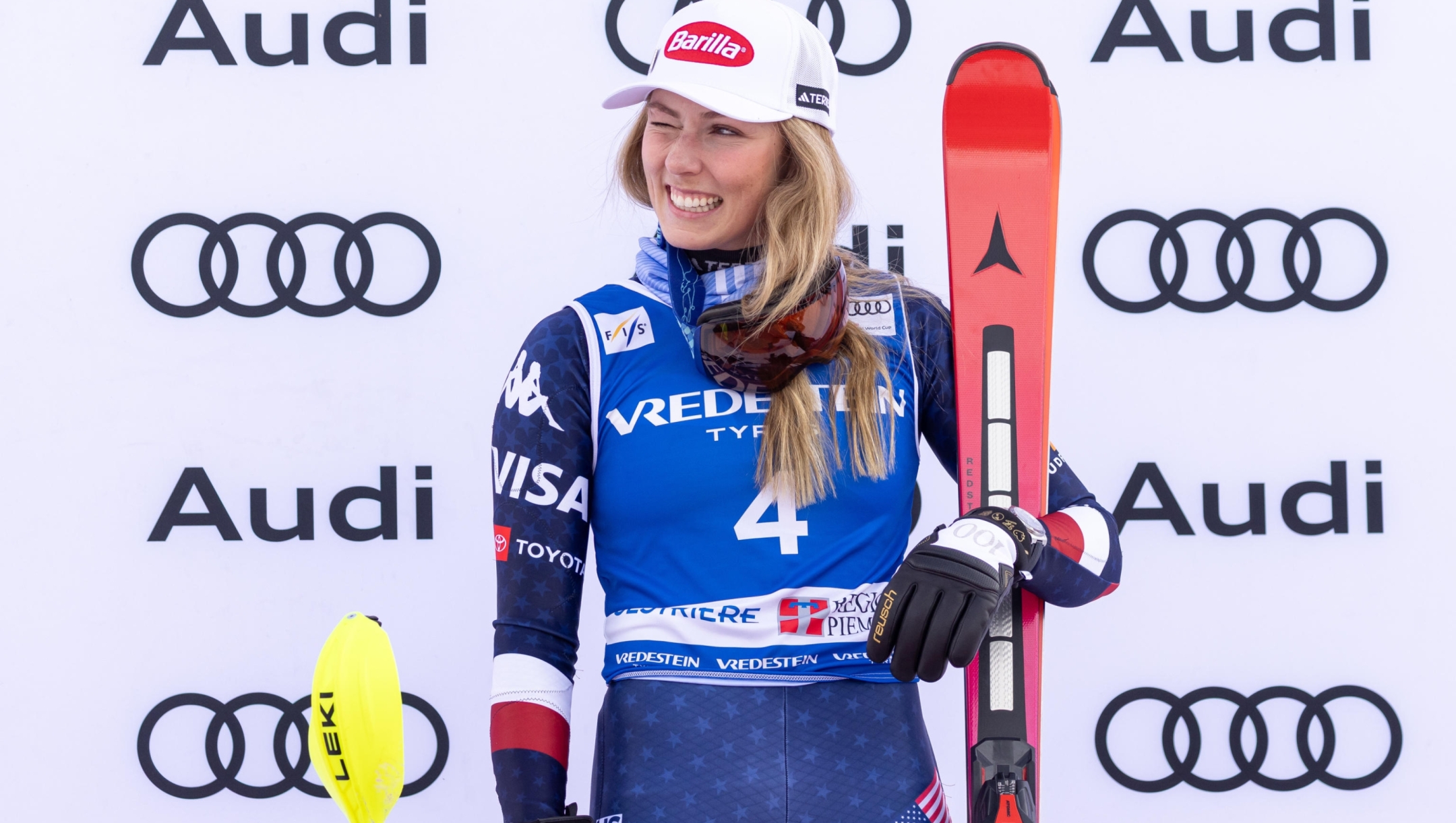 Winner Mikaela Shiffrin of the USA celebrates on the podium after the women's Slalom race at the FIS Alpine Skiing World Cup event in Sestriere, Italy, 23 February 2025. ANSA/ANDREA SOLERO