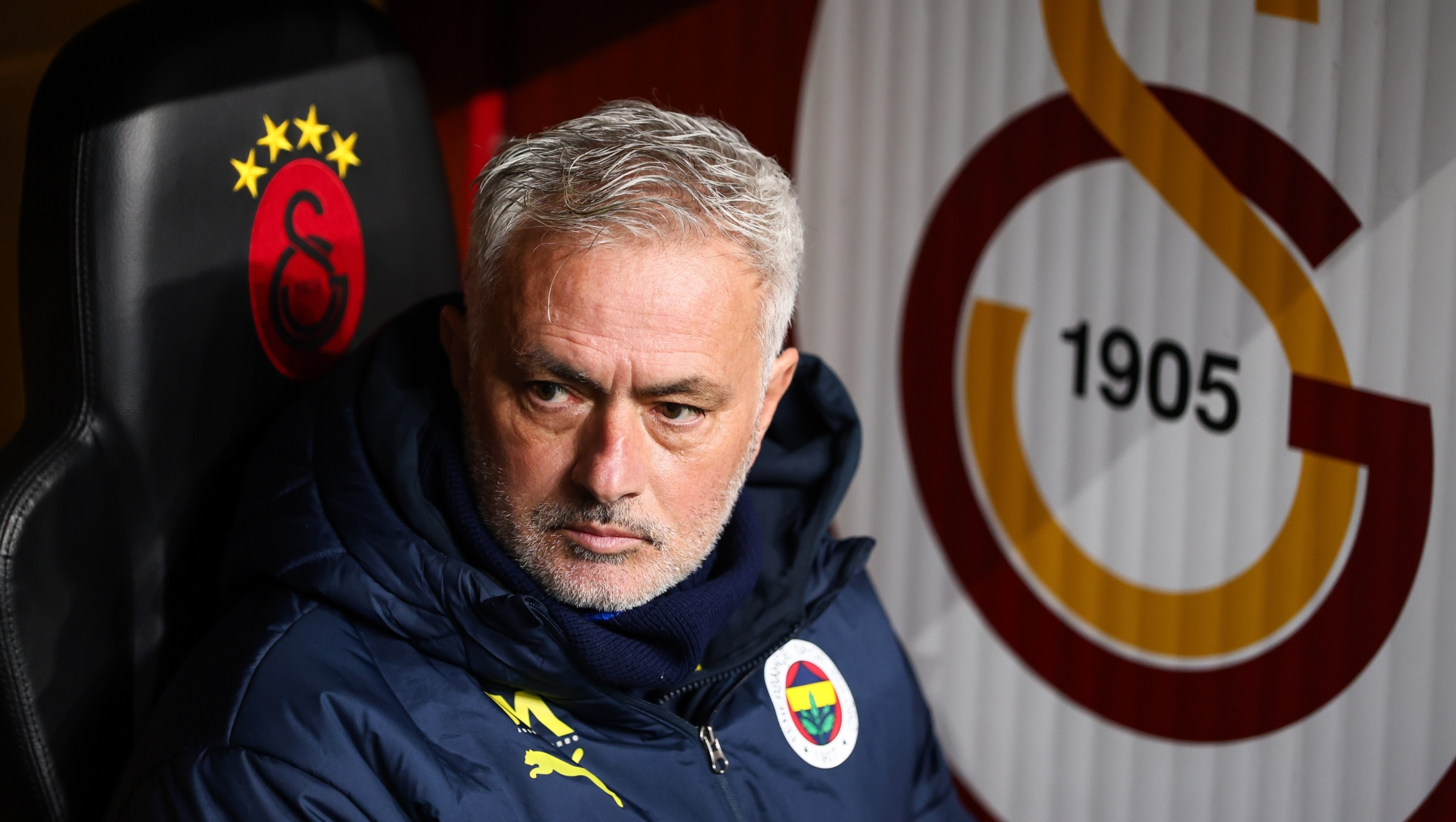 ISTANBUL, TURKEY - FEBRUARY 23: Jose Mourinho of Fenerbahce looks on during the Turkish Super League match between Galatasaray and Fenerbahce at Rams Park Stadium on February 23, 2025 in Istanbul, Turkey. (Photo by Ahmad Mora/Getty Images)