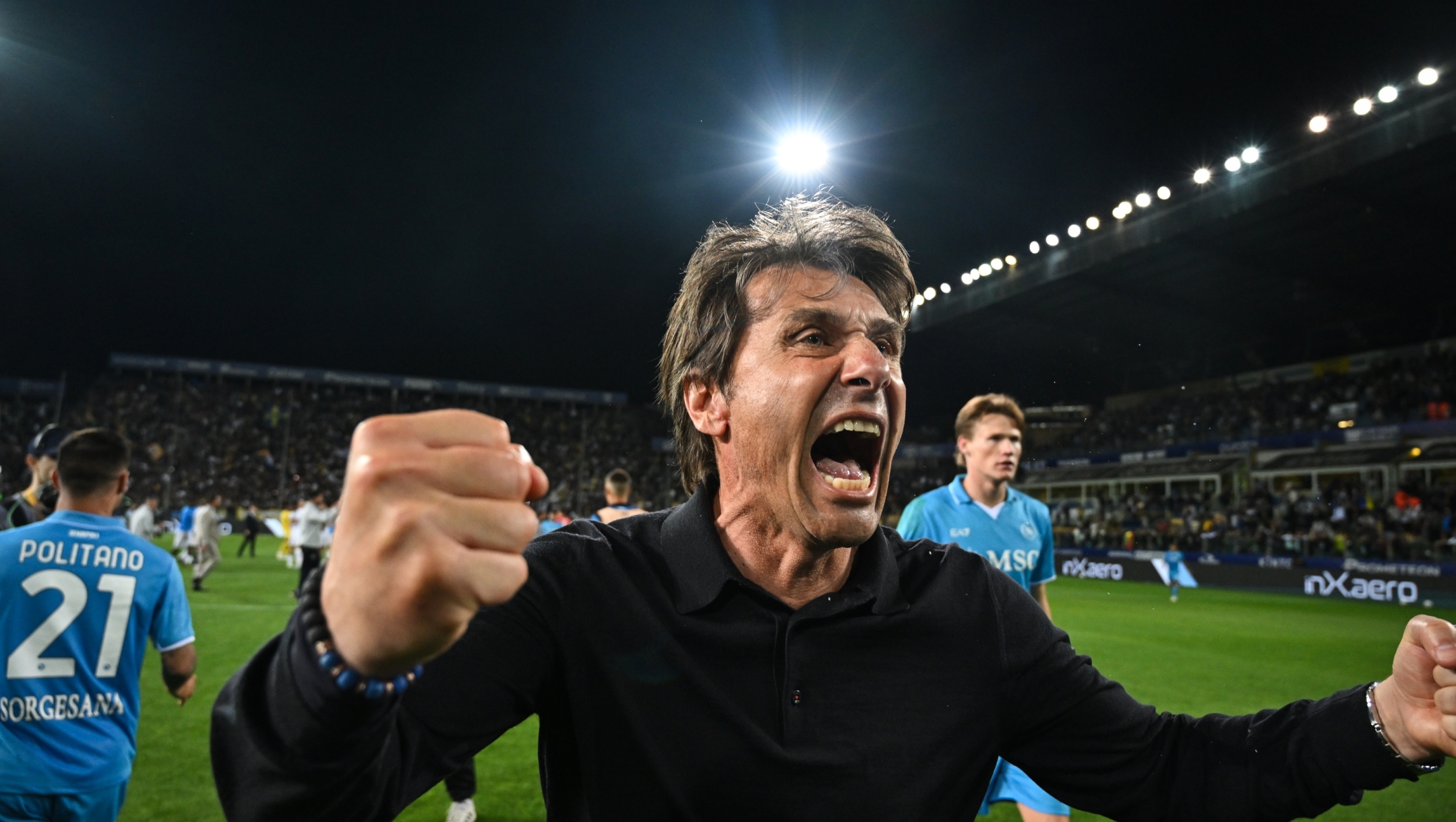  Antonio Conte celebrating after the Serie A match between Parma and Napoli at Stadio Ennio Tardini on May 18, 2025 in Parma, Italy. (Photo by SSC NAPOLI/SSC NAPOLI via Getty Images)