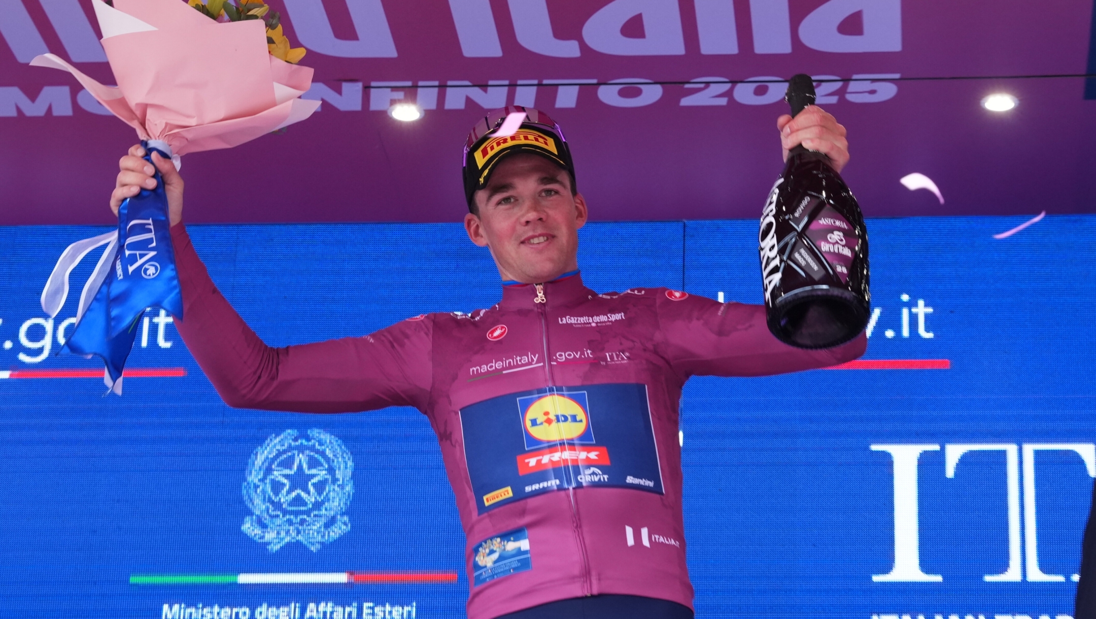 Pedersen Mads of Lidl-Trek cyclamen jersey on the podium during the stage 13 of the Giro d’Italia from Rovigo to Vicenza, Italy - Friday, May 23, 2025. Sport - cycling. (Photo by Gian Mattia D'Alberto/LaPresse)