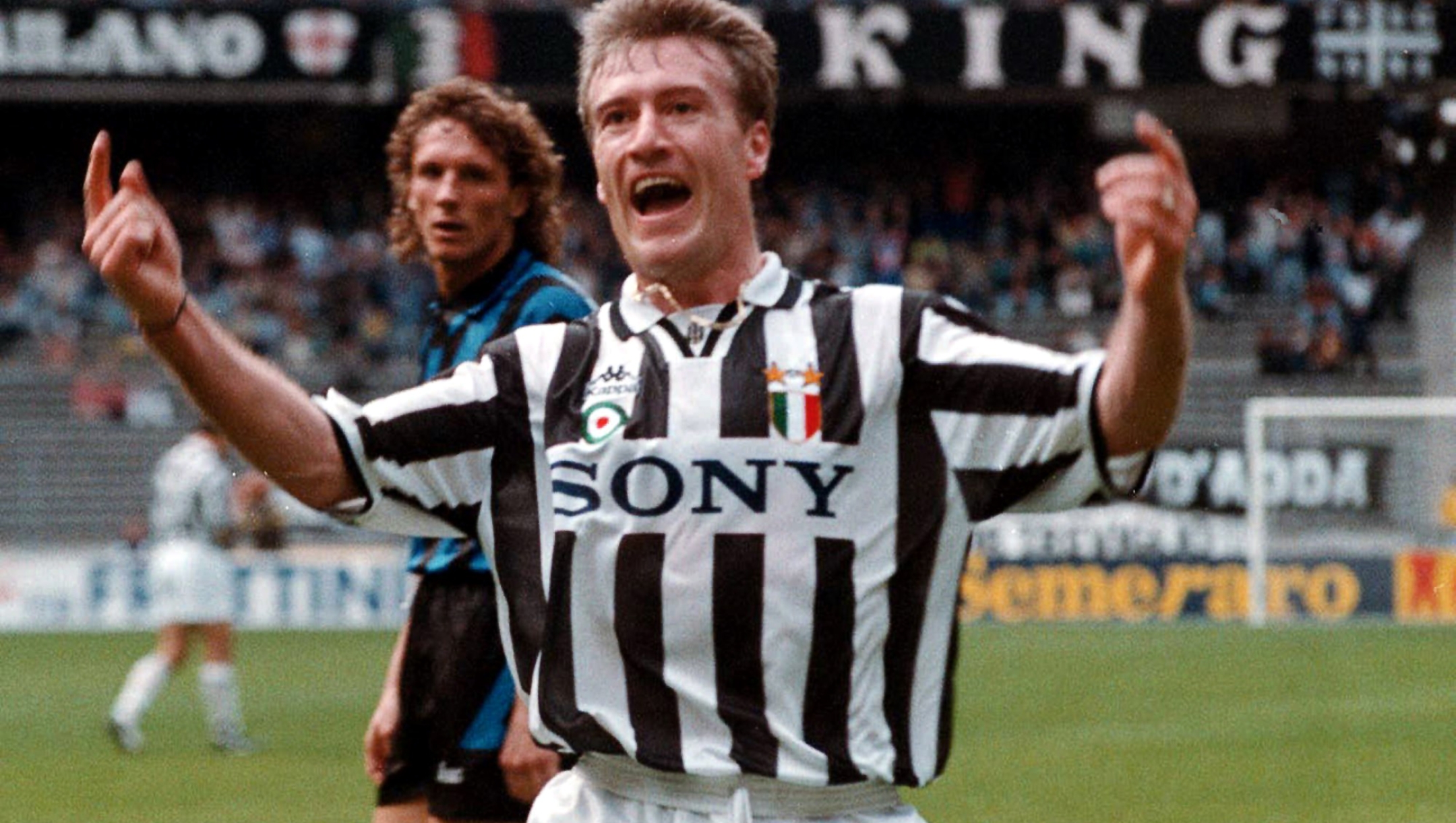 ** FILE ** Juventus French midfielder Didier Deschamps celebrates after he scored the winning goal against Atalanta at Comunale stadium in Turin, Italy, in this May 5, 1996 file photo. Deschamps, a former Juventus midfielder, signed a two-season contract Monday, July 10, 2006 to coach the scandal-ridden champion team, which risks demotion as punishment. (Ap Photo/Mauro Pilone)