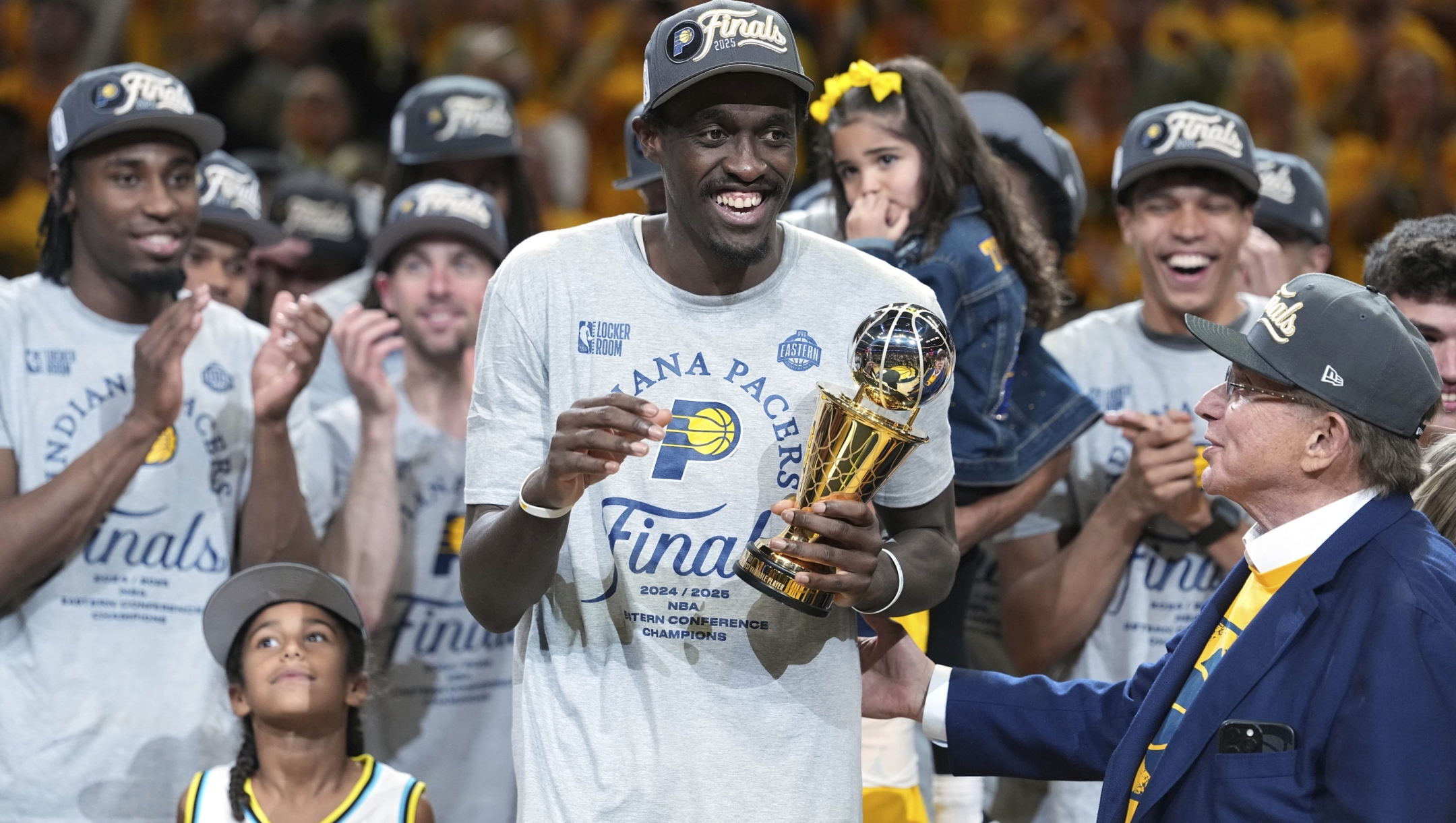 Indiana Pacers forward Pascal Siakam holds the MVP trophy after the Pacers won Game 6 of the Eastern Conference finals of the NBA basketball playoffs against the New York Knicks in Indianapolis, Saturday, May 31, 2025. (AP Photo/Michael Conroy)