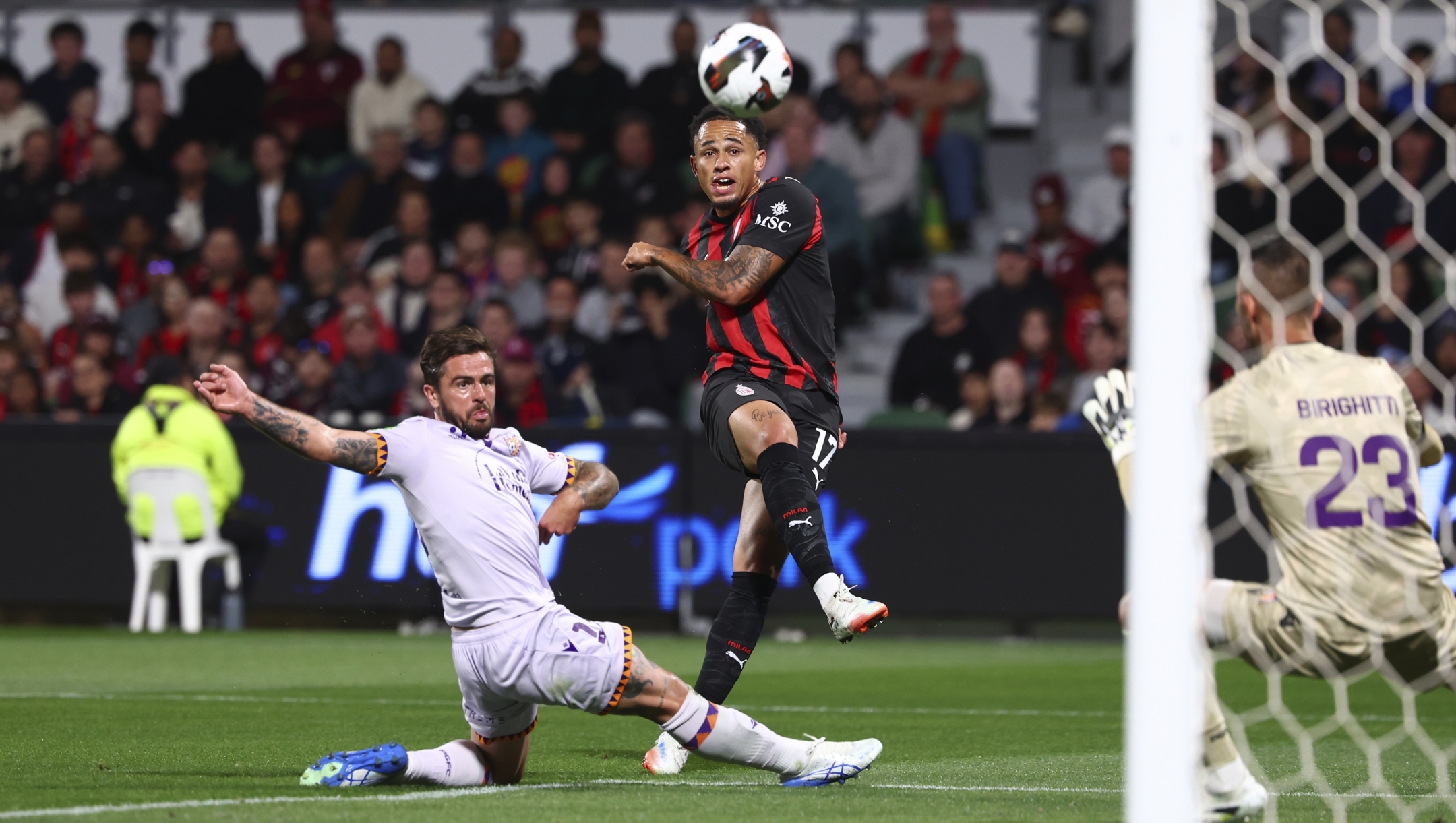 Noah Okafor of AC Milan in action during the match between Perth Glory and AC Milan at HBF Park on July 31, 2025 in Perth, Australia. (Photo by Giuseppe Cottini/AC Milan via Getty Images)