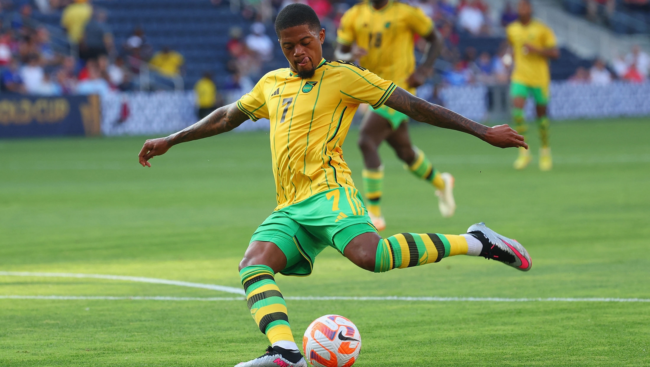 Leon Bailey #7 of Jamaica scores a goal against Trinidad & Tobago in the first half during the 2023 Concacaf Gold Cup at Citypark on June 28, 2023 in St Louis, Missouri. Dilip Vishwanat/Getty Images/AFP (Photo by Dilip Vishwanat / GETTY IMAGES NORTH AMERICA / Getty Images via AFP)
