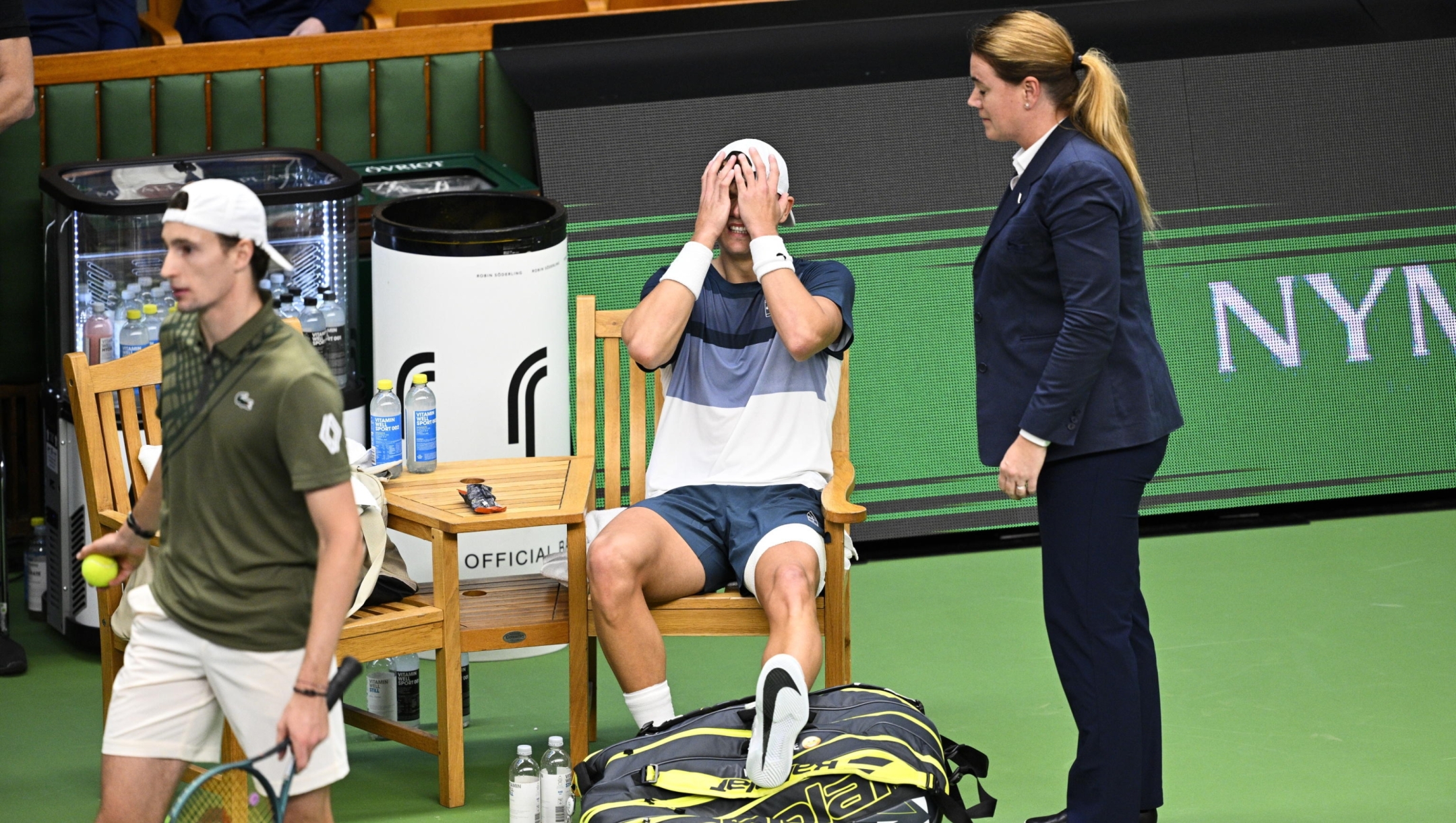 epa12462217 Holger Rune of Denmark reacts during the singles semifinal match against Ugo Humbert of France (not pictured) at the BNP Paribas Nordic Open tennis tournament in Stockholm, Sweden, 18 October 2025. EPA/Anders Wiklund SWEDEN OUT