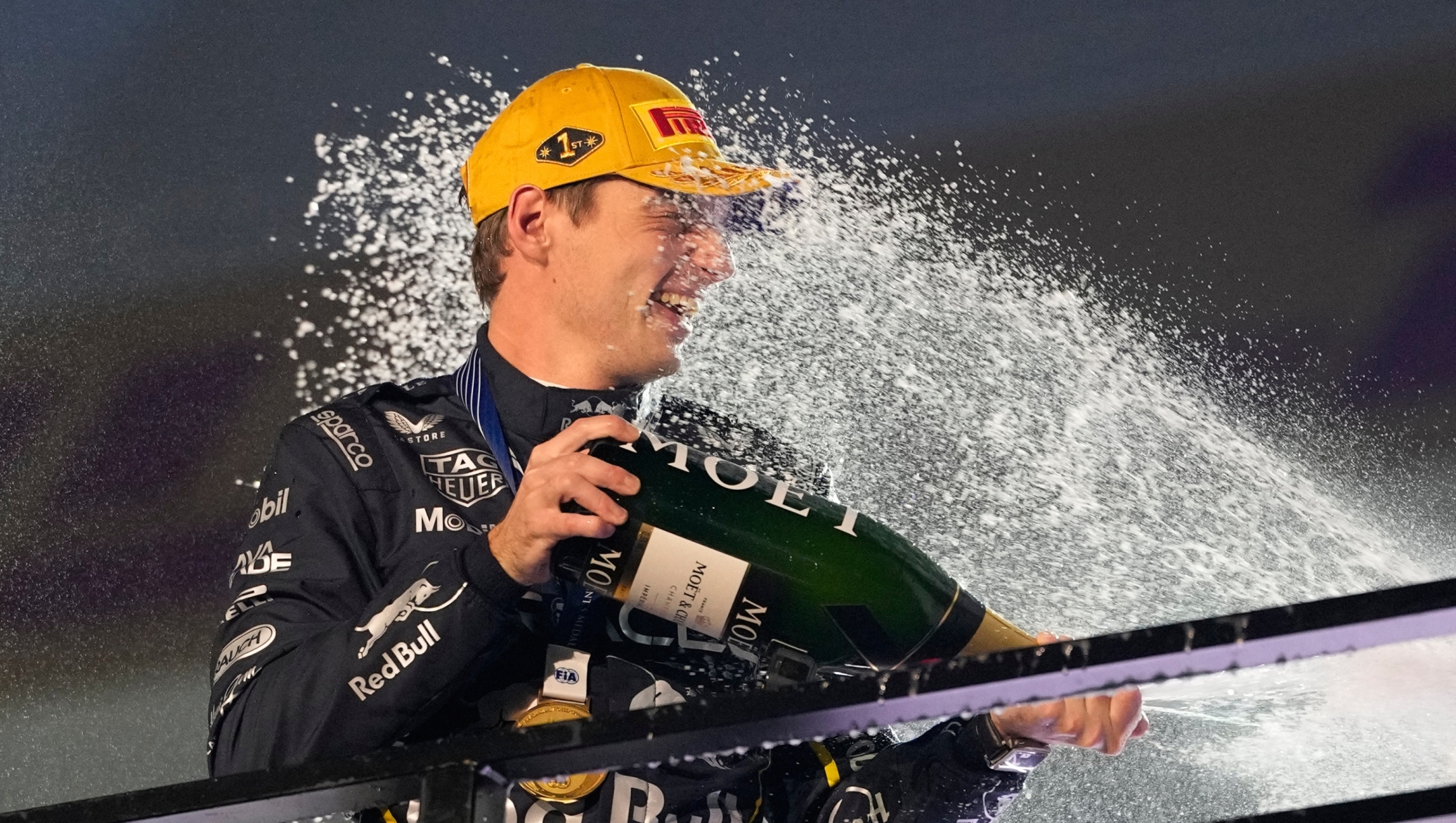 First place finisher Red Bull driver Max Verstappen of the Netherlands celebrates after the Formula One Las Vegas Grand Prix auto race, Saturday, Nov. 22, 2025 in Las Vegas. (AP Photo/John Locher)