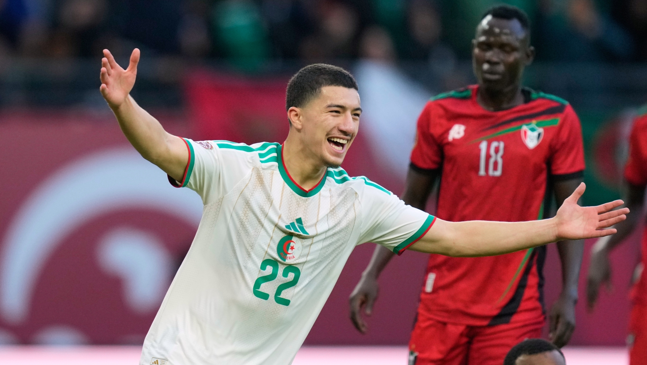 Algeria's Ibrahim Maza celebrates after scoring his side's third goal during the Africa Cup of Nations group E soccer match between Algeria and Sudan in Rabat, Morocco, Wednesday, Dec. 24, 2025. (AP Photo/Mosa'ab Elshamy)