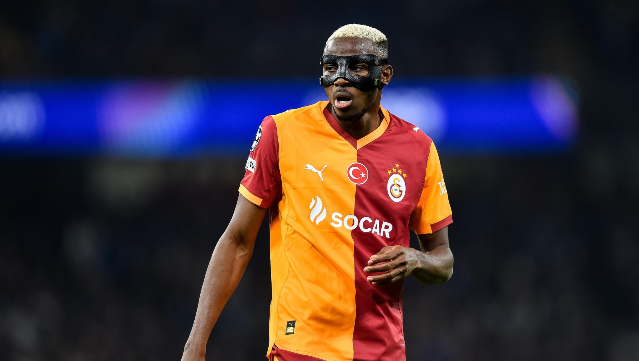 epa12688557 Victor Osimhen of Galatasaray in action during the UEFA Champions League match between Manchester City and Galatasaray SK, in Manchester, Britain, 28 January 2026.  EPA/PETER POWELL
