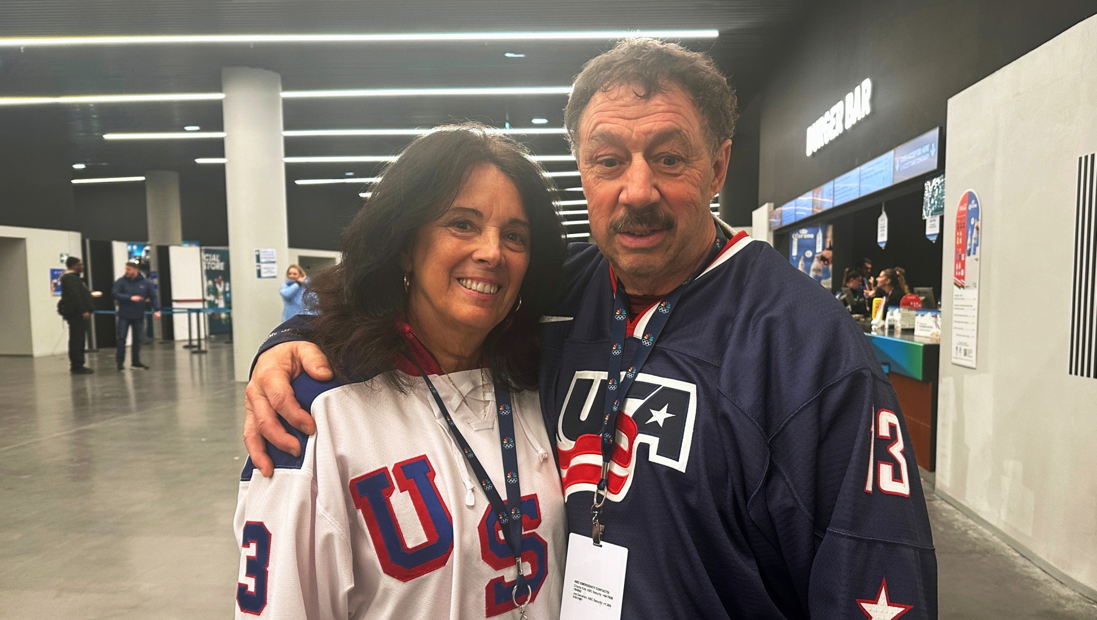 Jane and Guy Gaudreau, parents of the late Matthew and John Gaudreau, attend the men's ice hockey semifinal game against Slovakia, during the 2026 Winter Olympics, in Milan, Italy, Friday, Feb. 20, 2026. (AP Photo/Stephen Whyno)