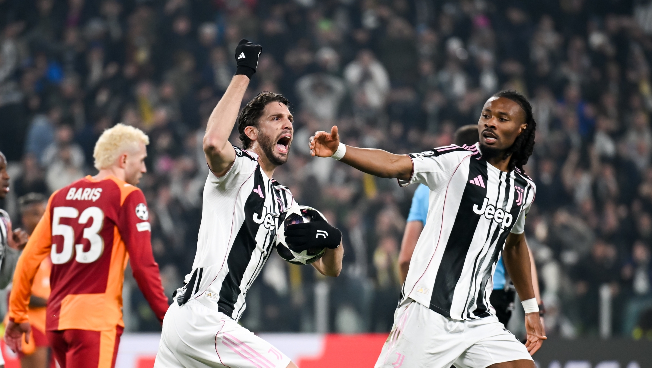  Manuel Locatelli of Juventus celebrates after scoring his team's first goal with teammates Khephren Thuram during the UEFA Champions League 2025/26 League Knockout Play-off Second Leg match between Juventus and Galatasaray A.S. at Juventus Stadium on February 25, 2026 in Turin, Italy. (Photo by Daniele Badolato - Juventus FC/Juventus FC via Getty Images)