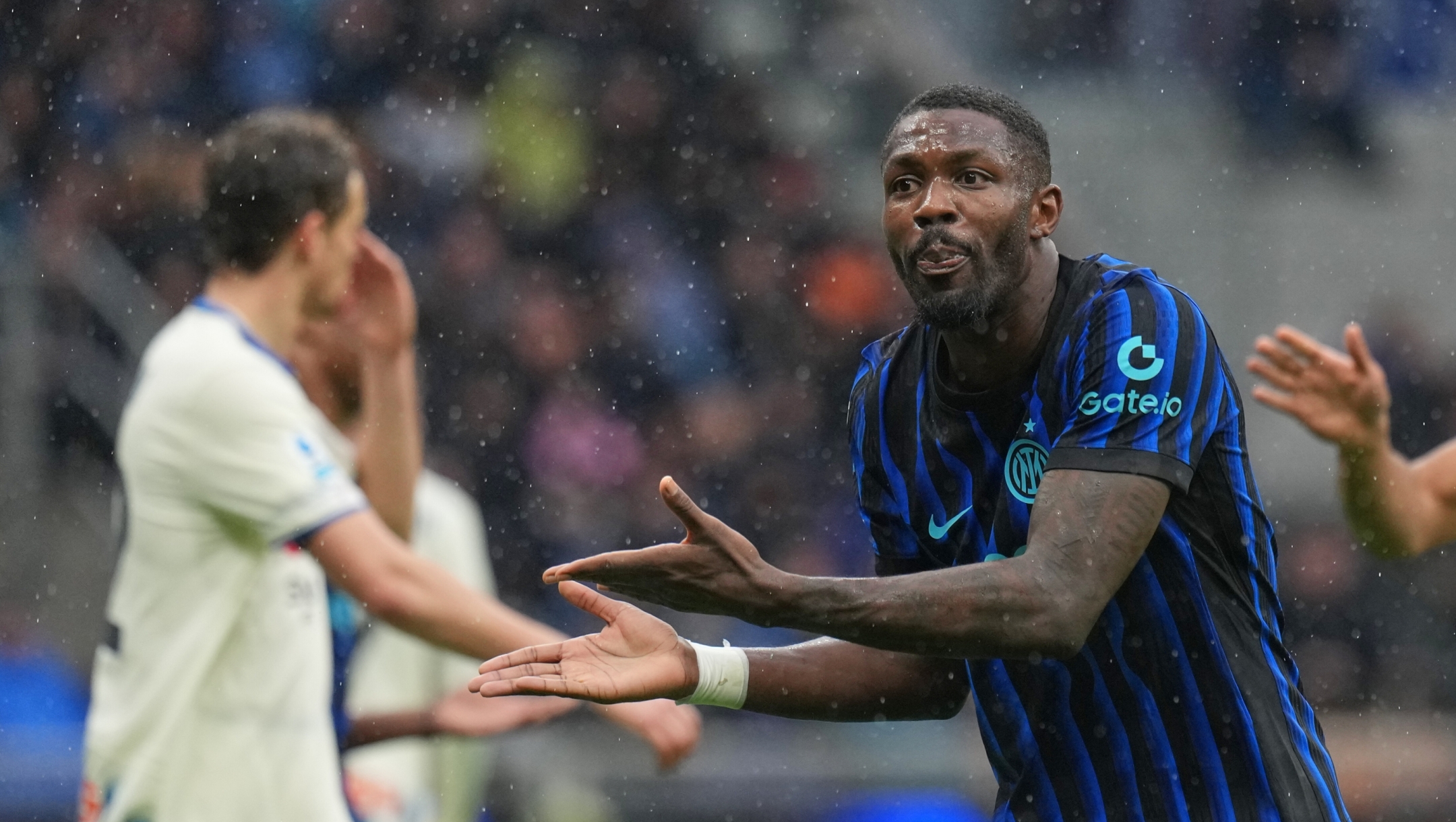 Inter Milan's Marcus Thuram reacts during the Serie A soccer match between Inter Milan and Atalanta in Milan, Italy, Saturday, March 14, 2026. (AP Photo/Antonio Calanni)