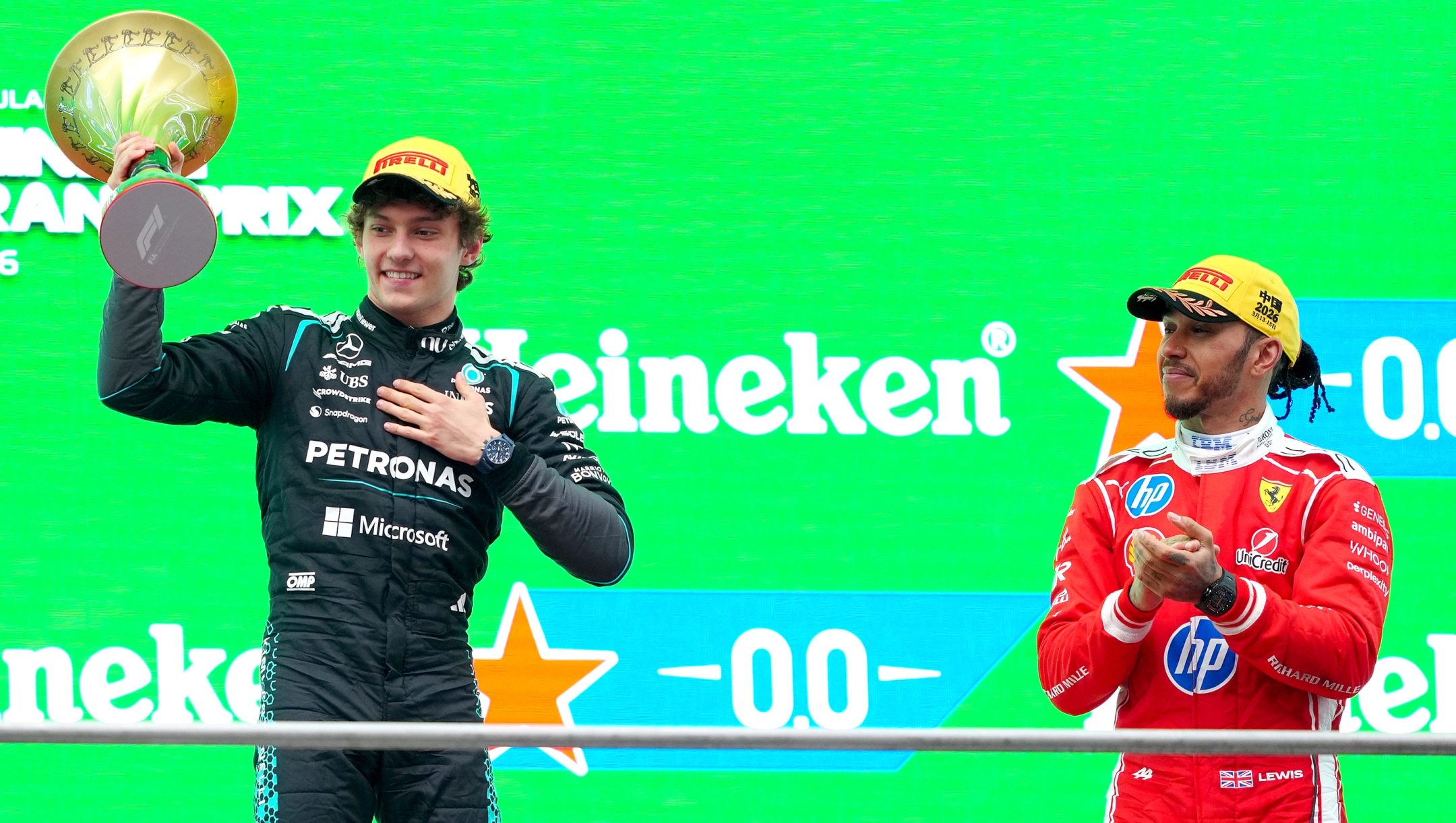  Race winner Andrea Kimi Antonelli of Italy and Mercedes AMG Petronas F1 Team and Third placed Lewis Hamilton of Great Britain and Scuderia Ferrari on the podium during the F1 Grand Prix of China at Shanghai International Circuit on March 15, 2026 in Shanghai, China. (Photo by Sona Maleterova/Getty Images)
